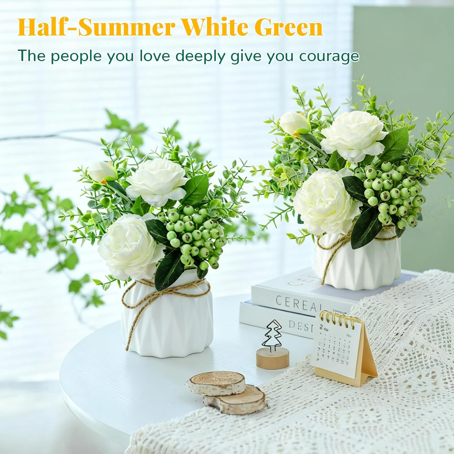 Artificial Eucalyptus Rose Berry Bouquet with Ceramic Vase, 20Cm, Plastic Flowers for Home, Living Room, Office Decor (Pinellia) image number 4