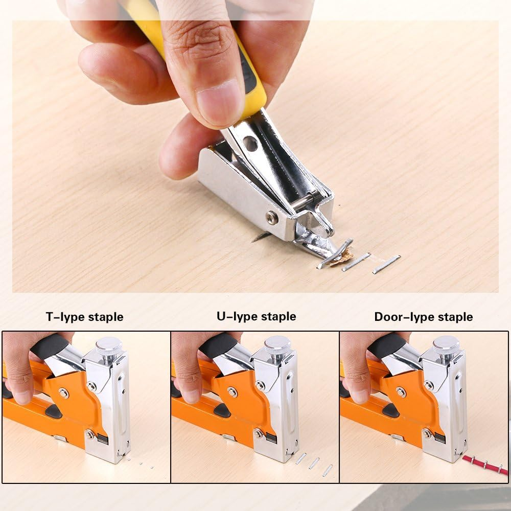 Swpeet 3-In-1 Staple Gun Kit with Staple Remover and 600 Staples Selection Pack，Hand Operated Carbon Steel Gun Tacker Tool for Upholstery, Fixing Material, Decoration, Carpentry, Furniture image number 4