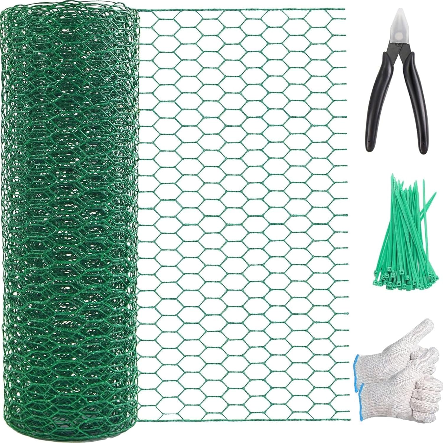 Chicken Wire 15.7In X 118In with a Pair of Gloves，1 Wire Cutter，50 Pcs Cable Zip Ties, Floral Chicken Mesh 0.8In Hexagonal Galvanized PVC Coated Garden Netting Fence for Craft Poultry Garden image number 1
