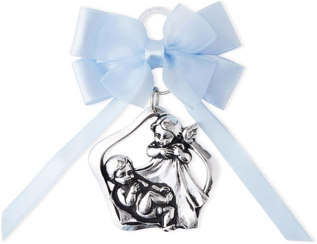 Guardian Angel Crib Medal with Satin Ribbon. Perfect Baptism Gifts for Babies, Christening Gifts for Babies, Baby Shower and Baby Nursery Wall Decor. (Blue Light)