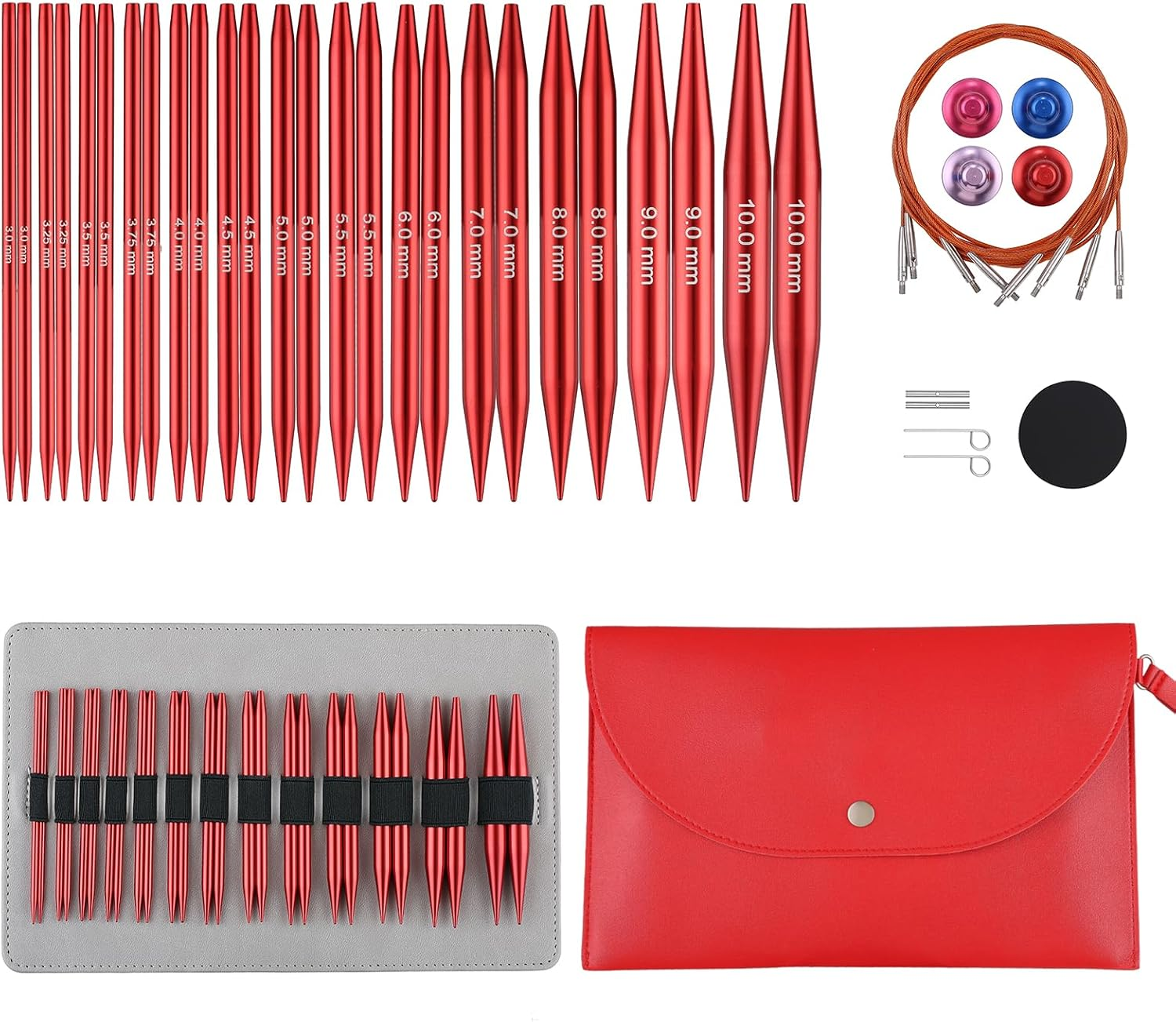 Interchangeable Circular Knitting Needles Set Sizes US 2.5, 3, 4, 5, 6, 7, 8, 9, 10, 10.75, 11, 13, 15 with Cables, Accessories and Case (Rose Red)