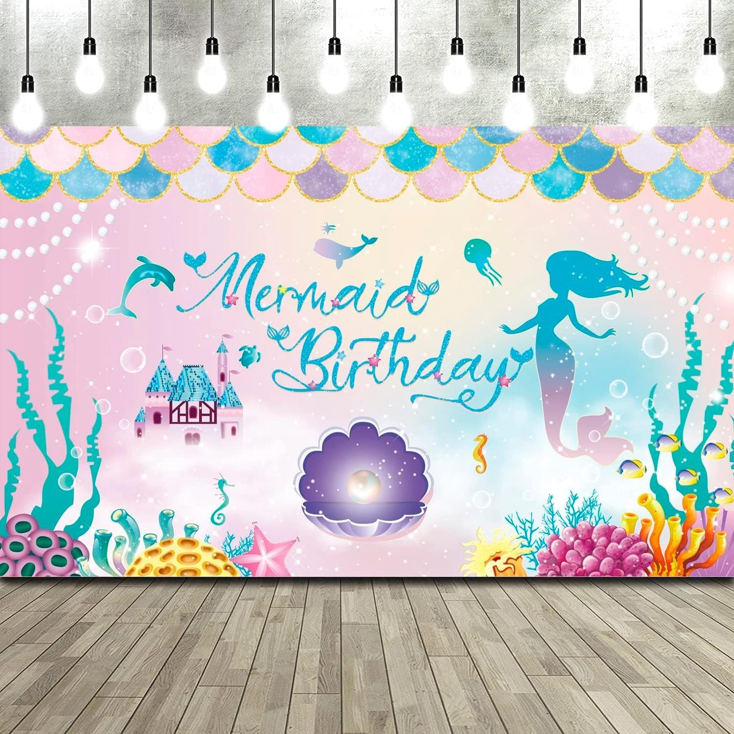 Stibest under the Sea Mermaid Birthday Party Backdrop Girl Princess Mermaid Scales Photo Booth Banner, Purple Blue, Polyester, 72.8 X 43.3 Inch image number 1