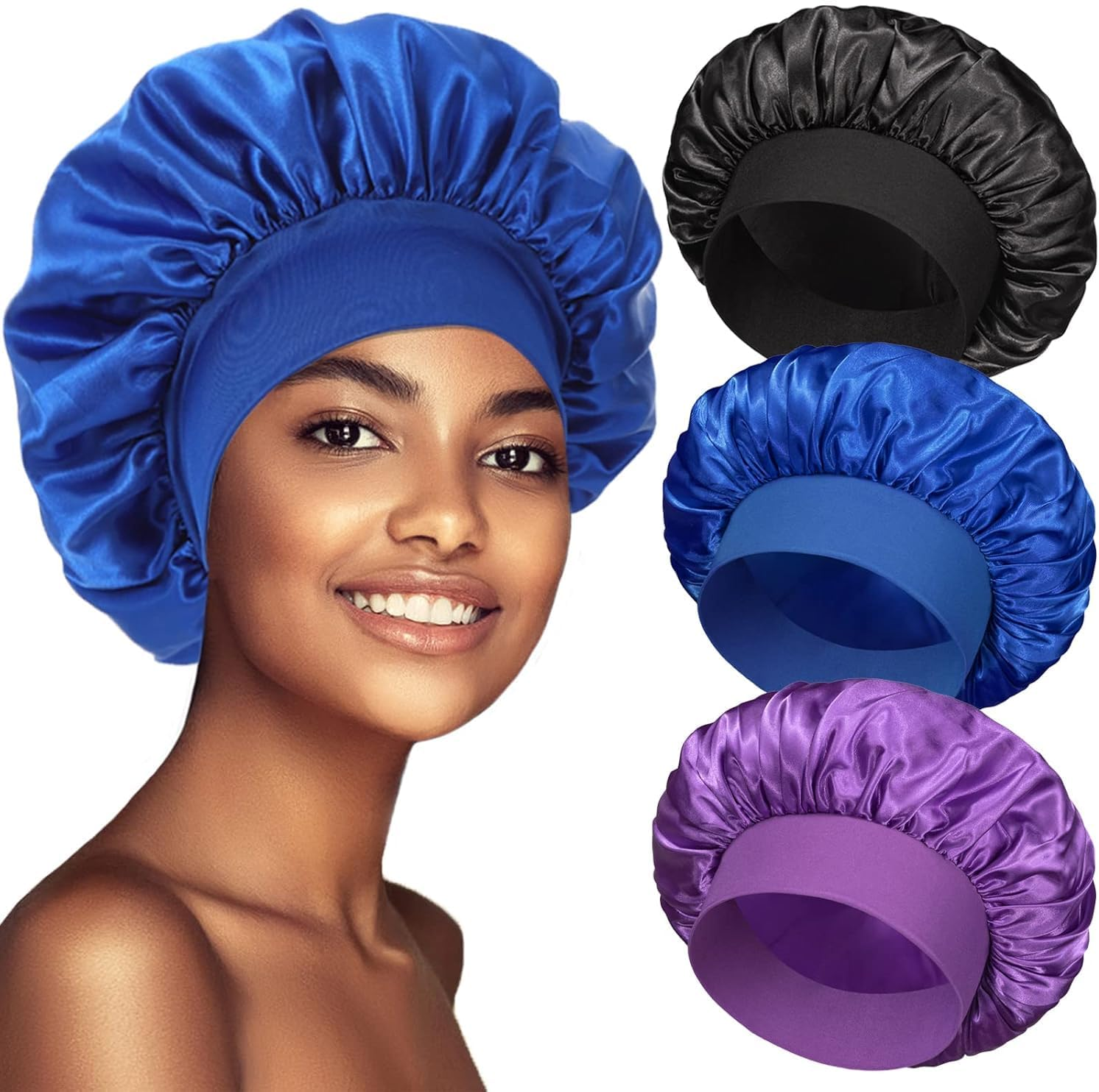 3 Pack Satin Bonnet Silk Hair Bonnet for Sleeping, Soft Elastic Band Silk Sleep Cap,Non-Slip, Wrap for Long Curly Hair
