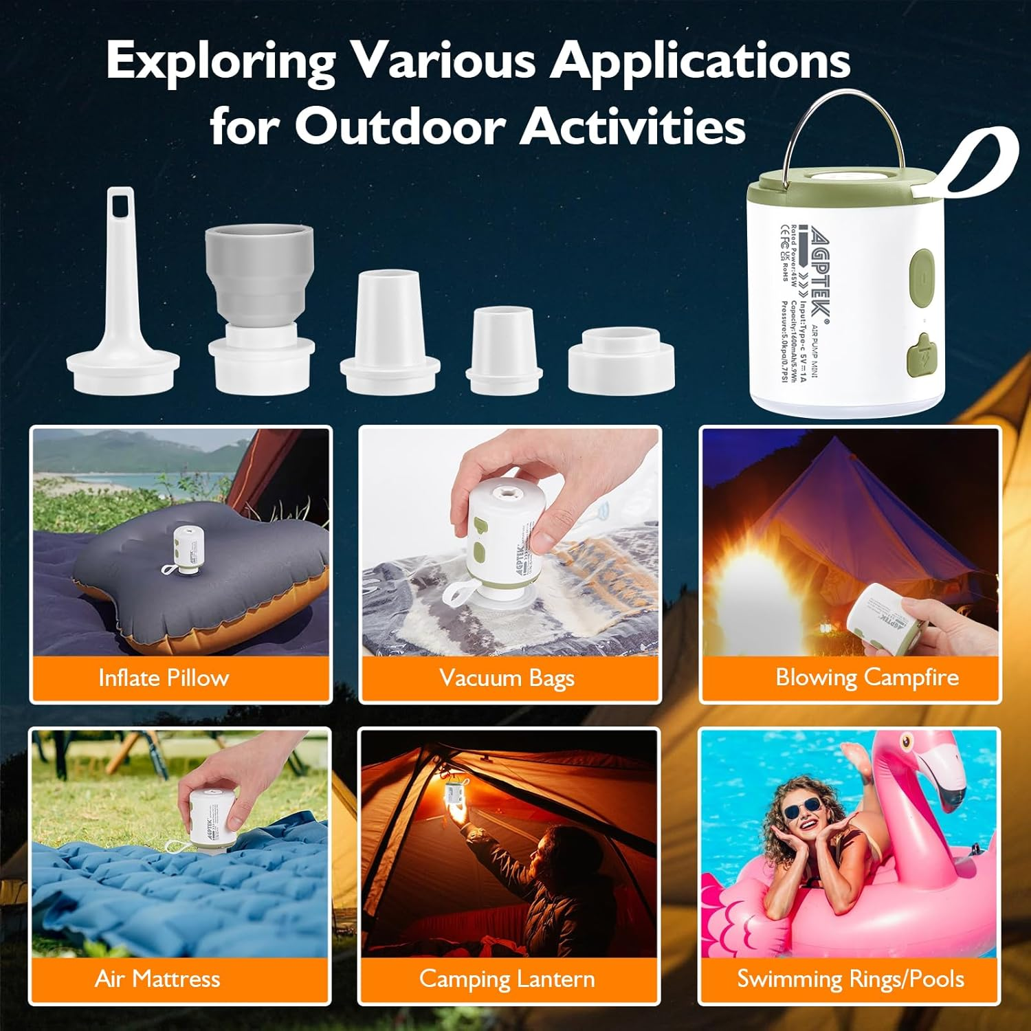 AGPTEK Air Pump for Inflatables,5.5Kpa Portable Air Pump with Led Light,1600Mah Rechargeable Battery and Magnetic Design Mini Pump Camping Light 5 Nozzles for Air Mattress, Inflatable Float - Grey image number 5