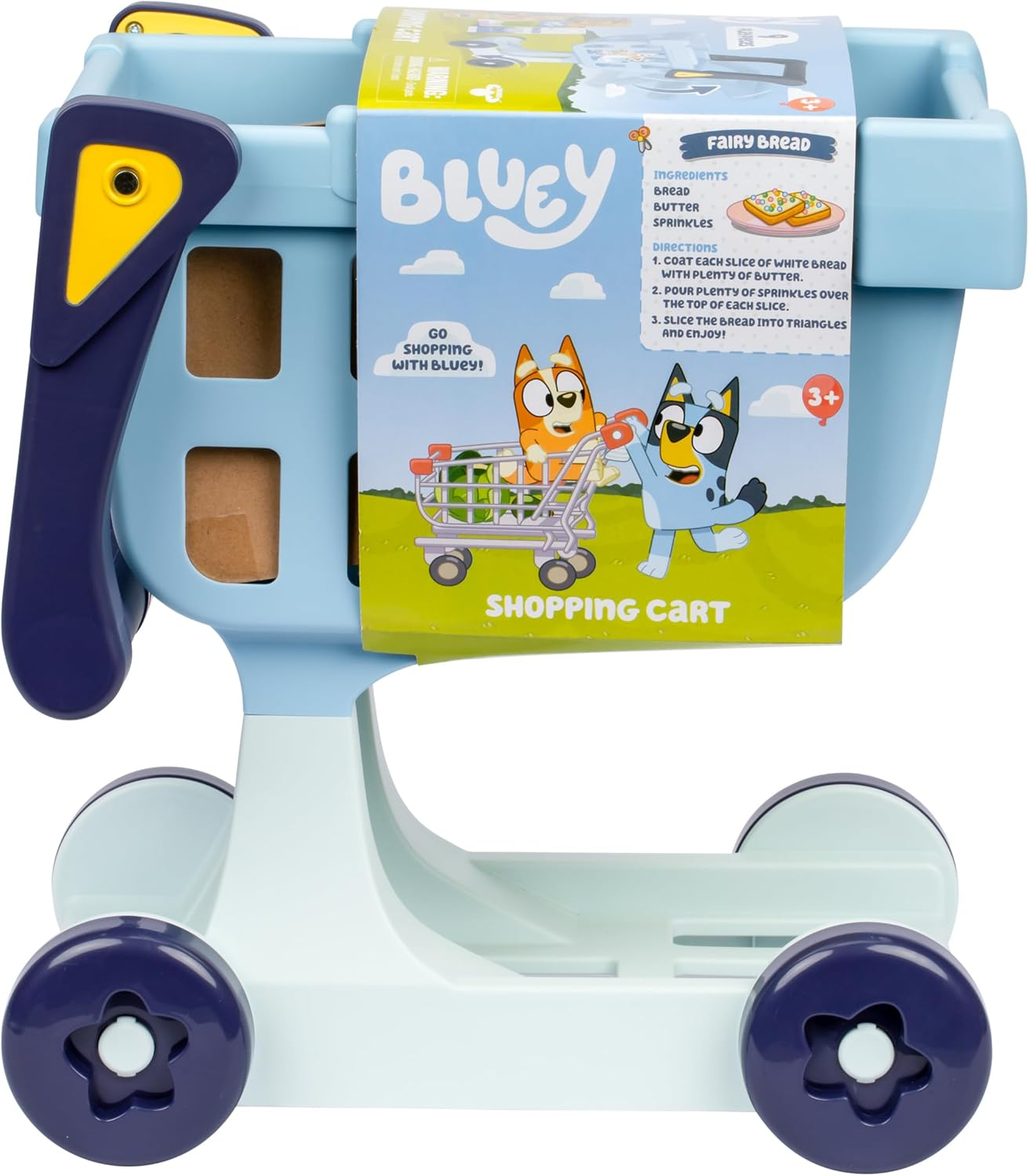 The Bluey Shopping Trolley, with Free-Rolling Wheels and Rotating Handle. the Ideal Size for Toddlers, Stands at 49Cm Tall, 8 Colorful Cardboard Shopping Goods Are Included with This Trolley image number 2
