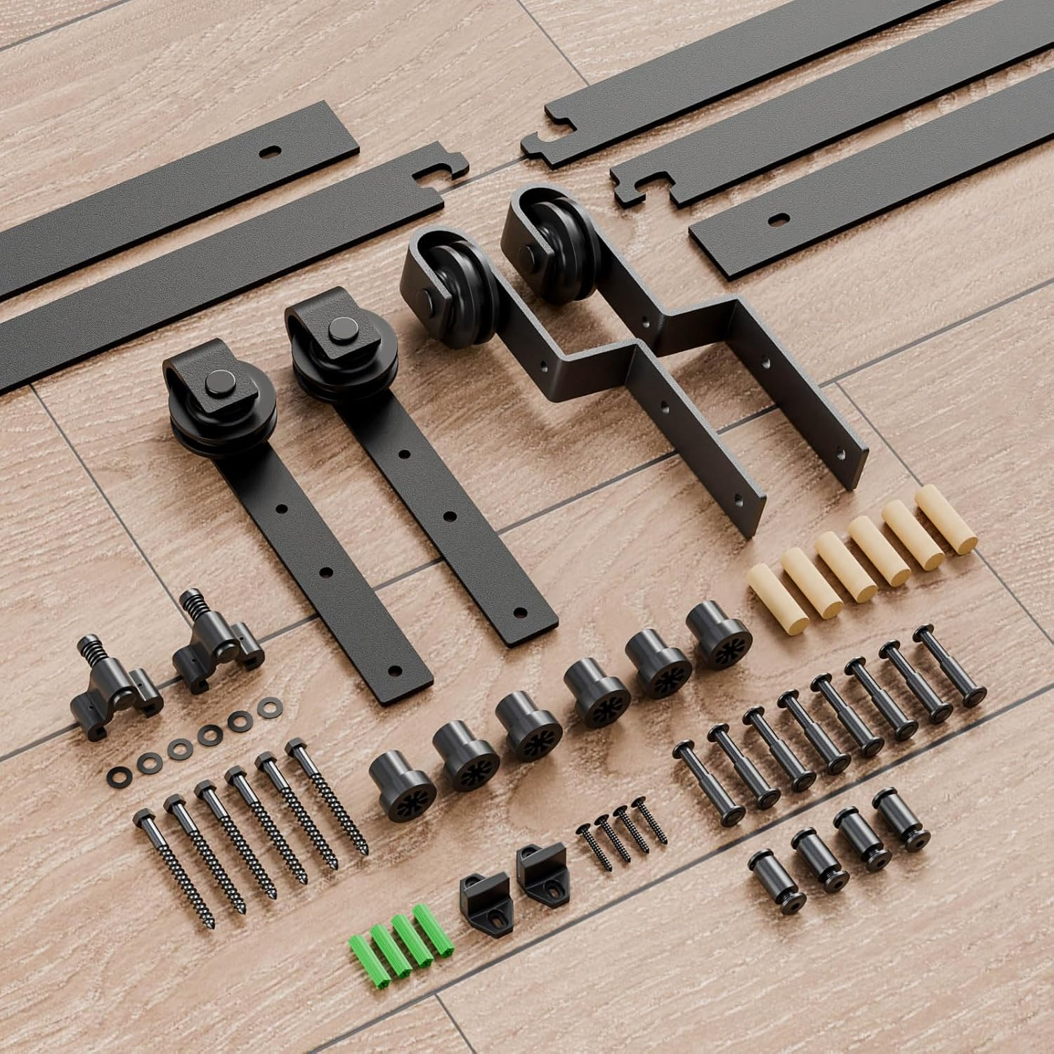 Sliding Door Hardware Bypass Double Door 173 Cm Sliding Door System Complete Set Walker Rail Wheels Set Black for 2 Wooden Doors 80 Cm Wide J Shape image number 5