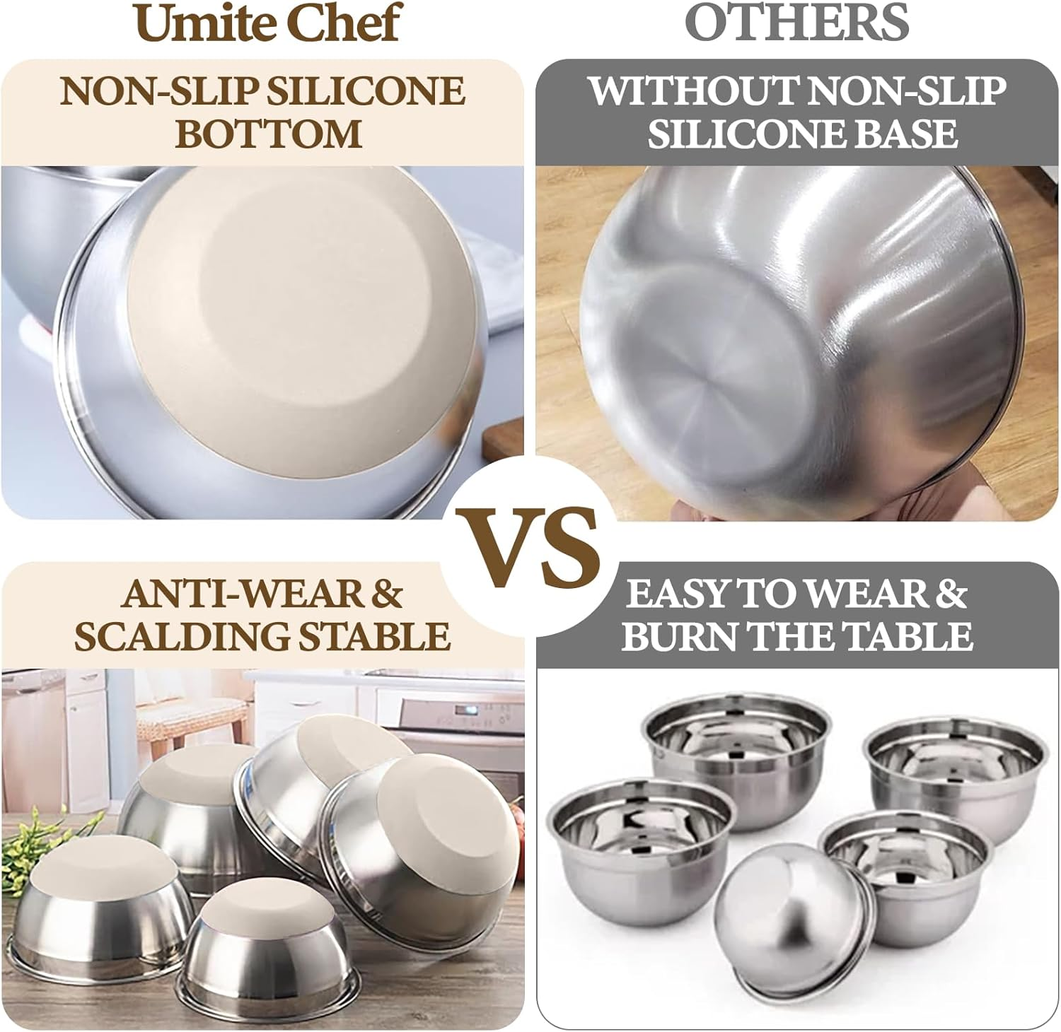 Umite Chef Mixing Bowls with Airtight Lids Set, 8PCS Stainless Steel Khaki Nesting Bowls with Grater Attachments, Kitchen Bowls with Non-Slip Bottoms, Size 5, 4, 3.5, 2, 1.5QT for Mixing & Serving image number 1