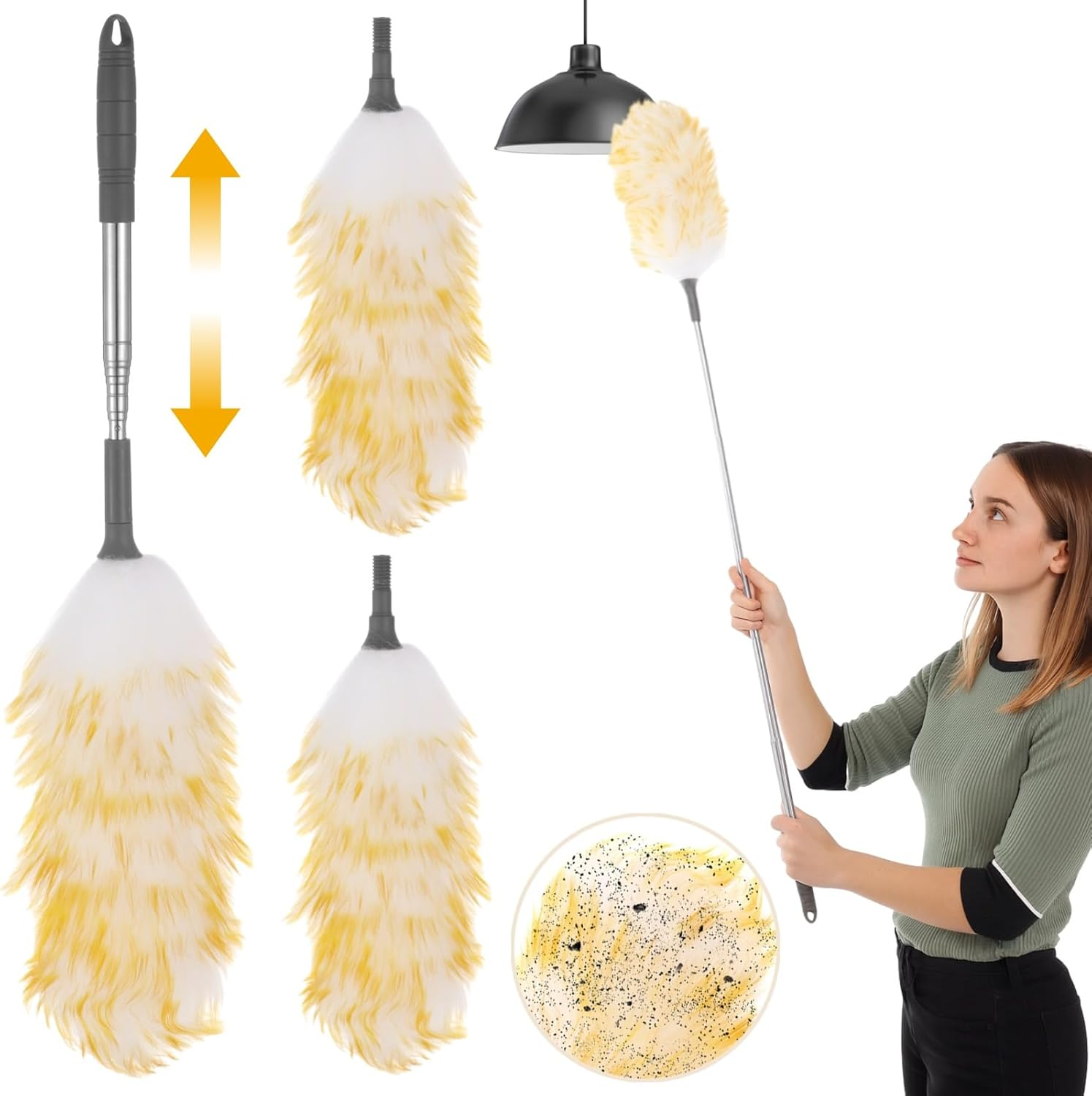 Long Extendable Duster Washable with 2 Interchangeable Covers, Extendable up to 135 Cm, Fluffy, Scratch-Resistant, Electrostatic for Ceiling Fans, Lamps, High Furniture and E image number 2