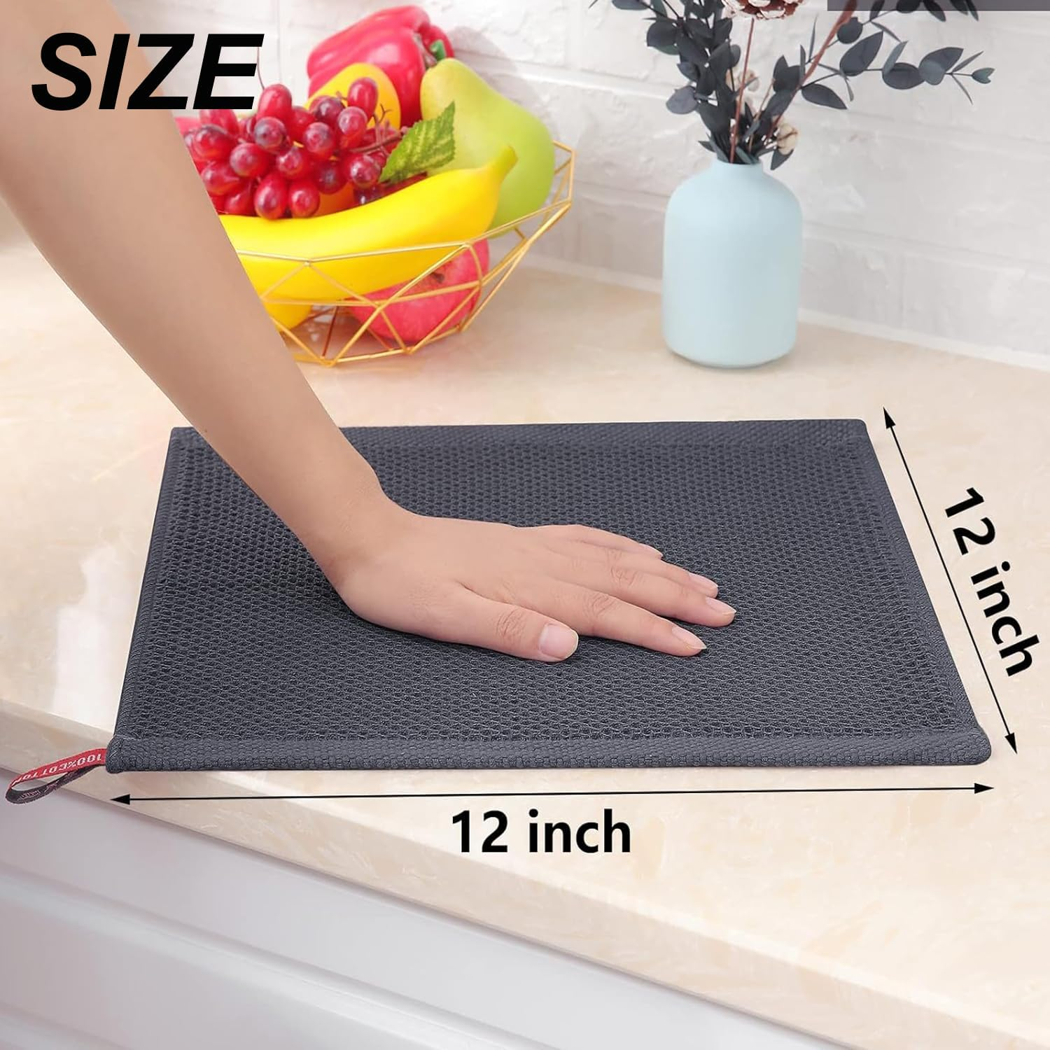 6-Pack 100% Cotton Waffle Weave Kitchen Dish Cloths, Ultra Soft and Absorbent Dish Towels, Reusable Absorbent Cleaning Cloths, Quick Drying Dish Rags, 12X12 Inches, Dark Grey image number 4