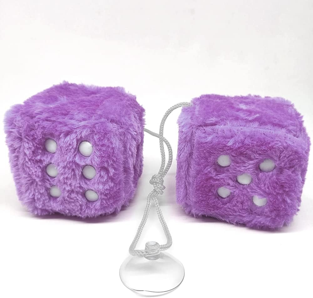Pair 3&rdquo; Purple with White Dots Mirror Fuzzy Plush Dice, Purple and White Soft Plush Car Decorative Hanging Ornament. image number 2