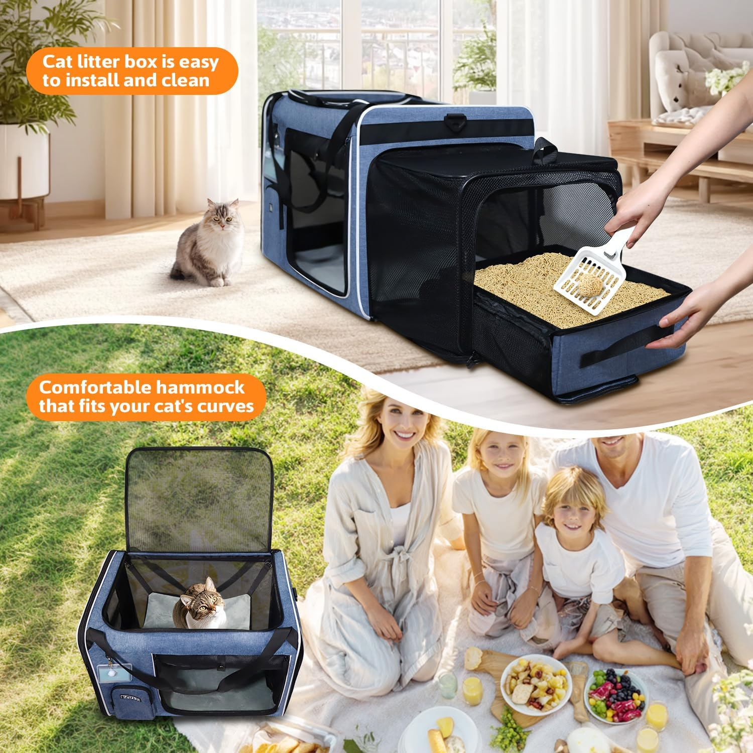 Petskd Side Expandable Extra Large Cat Carrier with Litter Box Area for Long Distance Car Travel,24"X17"X17" Collapsible Soft-Sided Large Pet Carrier with Zipper Locks for 2 Cats under 55Lbs(Blue) - Blue image number 6