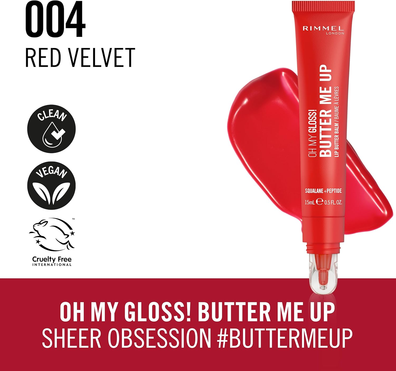 Rimmel London, Oh My Gloss Butter Me up Lip Butter Balm 005 Red Velvet, Hydrating Lip Balm, Tinted Lip Balm, Lip Care, Hydration, Nourishing, Squalene, 15Ml (0.53Oz) image number 5