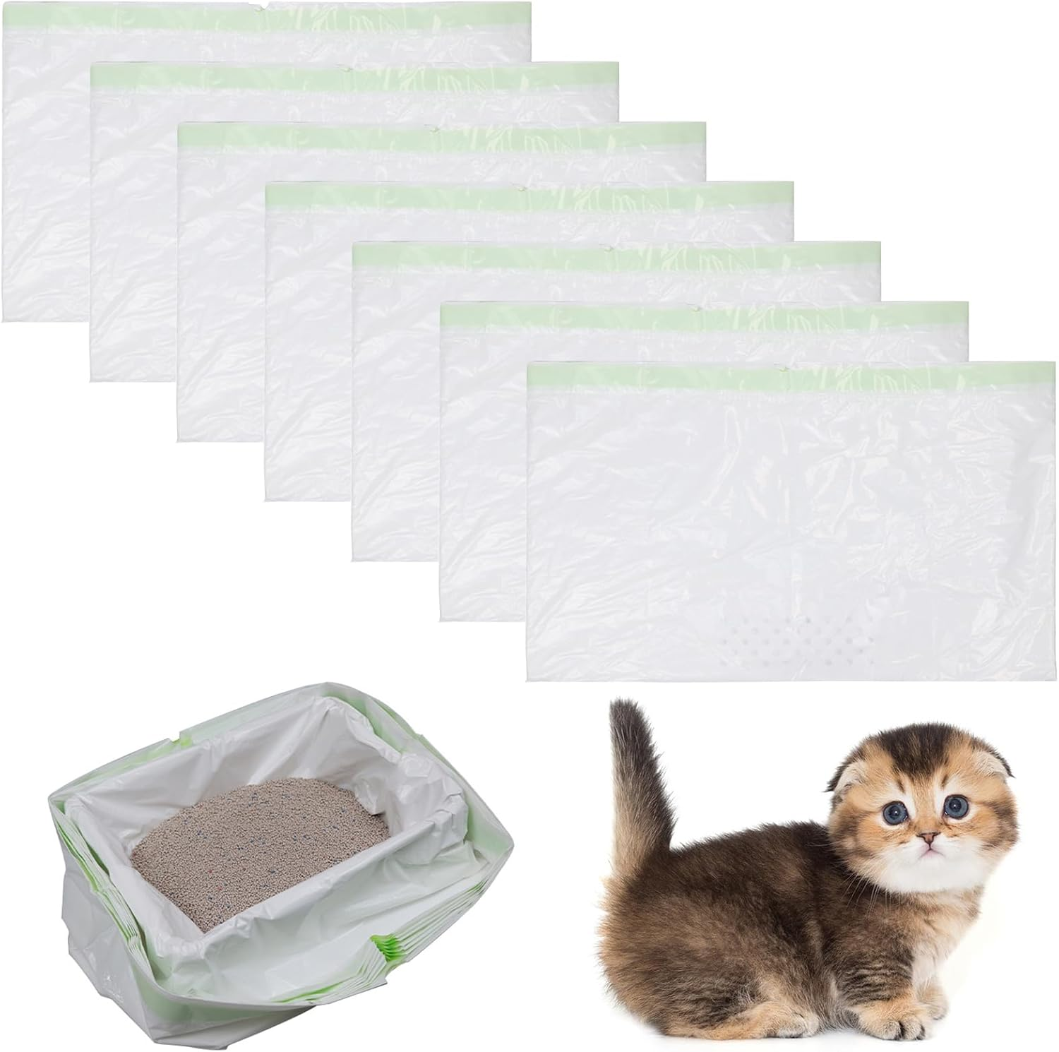Cat Litter Box Bag, Cat Litter Box Bag with Drawstrings, Self-Cleaning Cat Litter Box Bin Liner, Cat Litter Box Bag with Holes for Easy, L, 6 + 1 Piece, Bag for Cat Litter