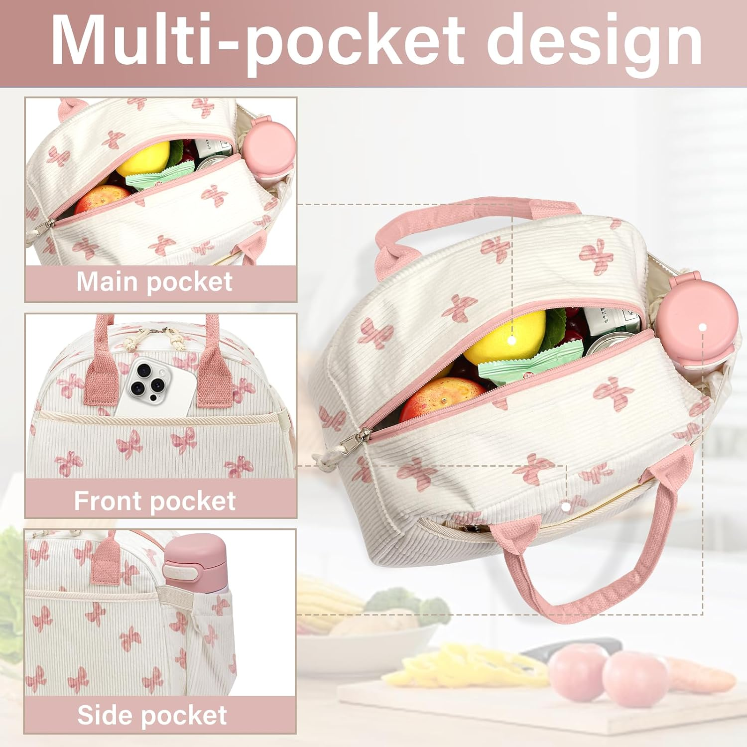 Carry Bloom Lunch Box for Women, Insulated Lunch Bag Cute Corduroy Lunchbag Reusable Lunchbox for Work (Bow Pink) - 1 Green White Stripes image number 5