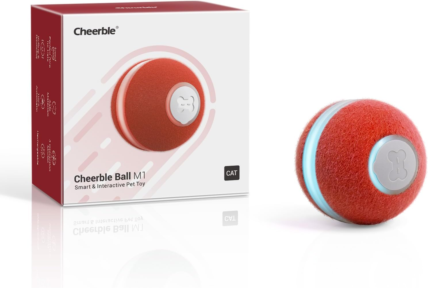 Cheerble Interactive Cat Ball Toy, Automatic Moving Ball Toy for Indoor Cat Kitten, Electric Pet Toy Fun Gift with Light, High Energy Cat Toys, Red