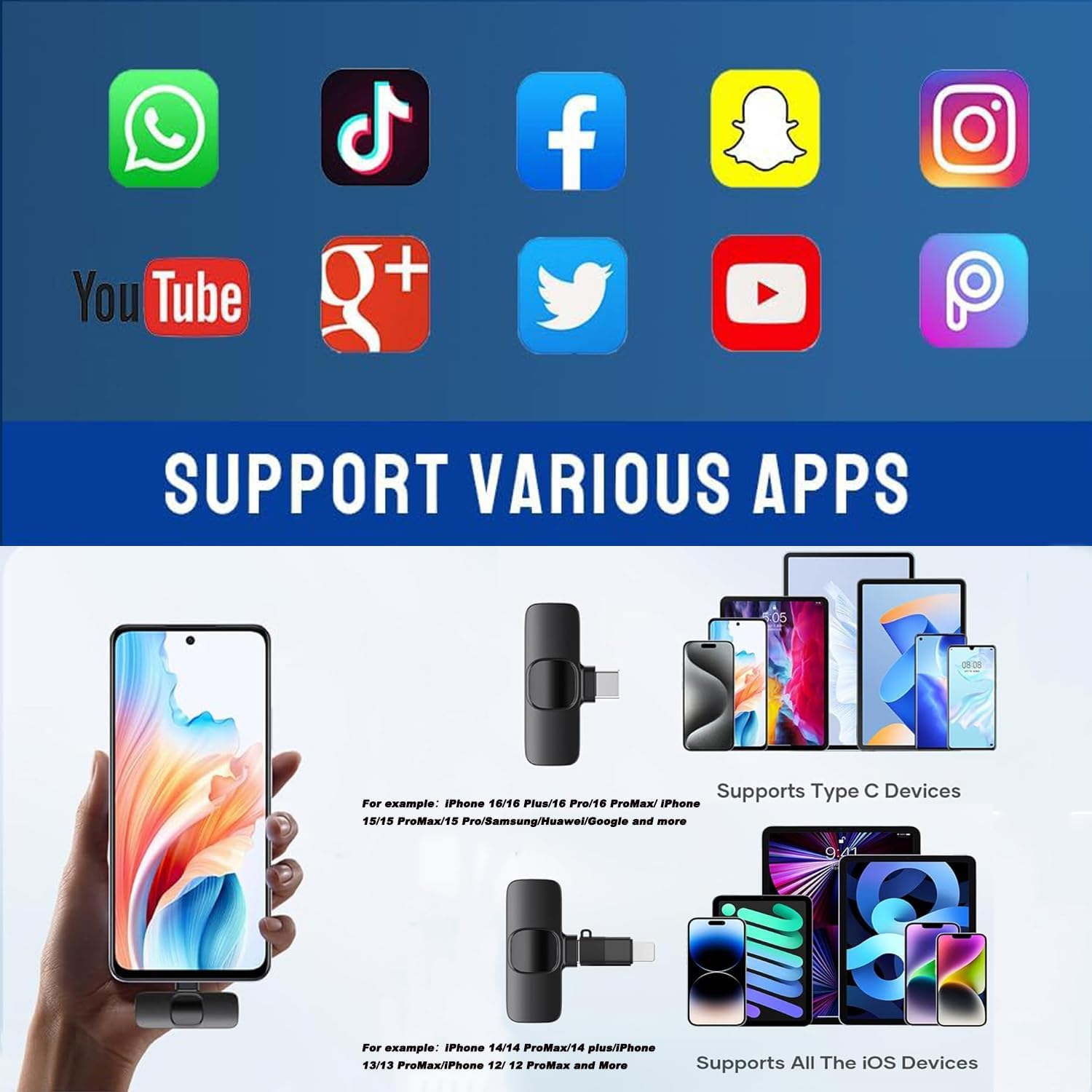 Aoiutrn Wireless Lavalier Microphone for Iphone and USB C, 2 in 1 Mini Clip-On Wireless Lapel Mics Compatible with Iphone,Ipad, Android for Video Recording,Youtube, Interview, Tiktok, Vlog image number 3