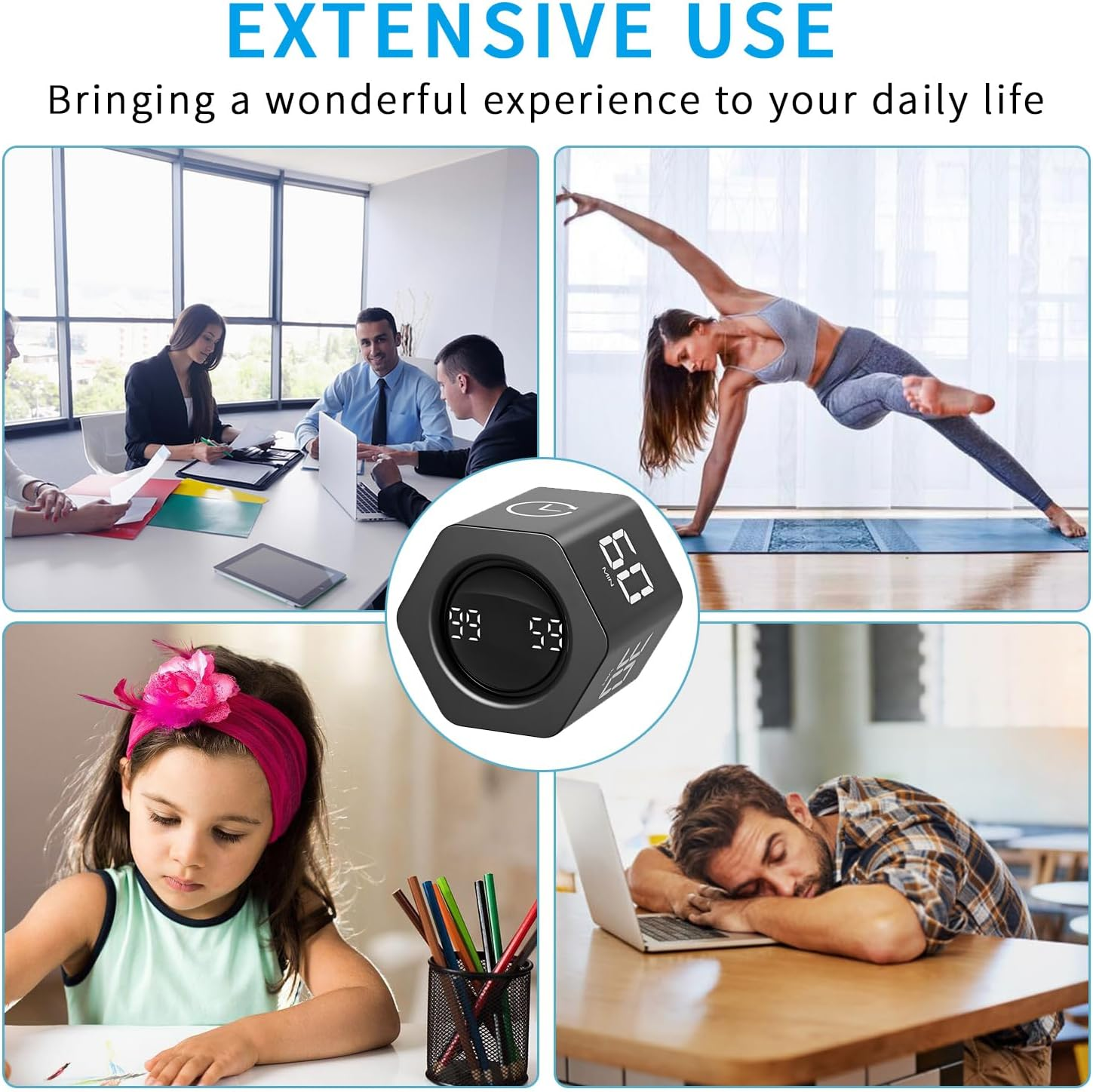 QUMOX F6 Pomodoro Timer Cube, Hexagon Productivity Gravity Timer, Flip Clock, Silent, Vibrate & Sound Alarm Ideal for Work, Office, ADHD, Study, and Tasks - 1/5/10/30/60 Min & Stopwatch Mode - Black image number 1