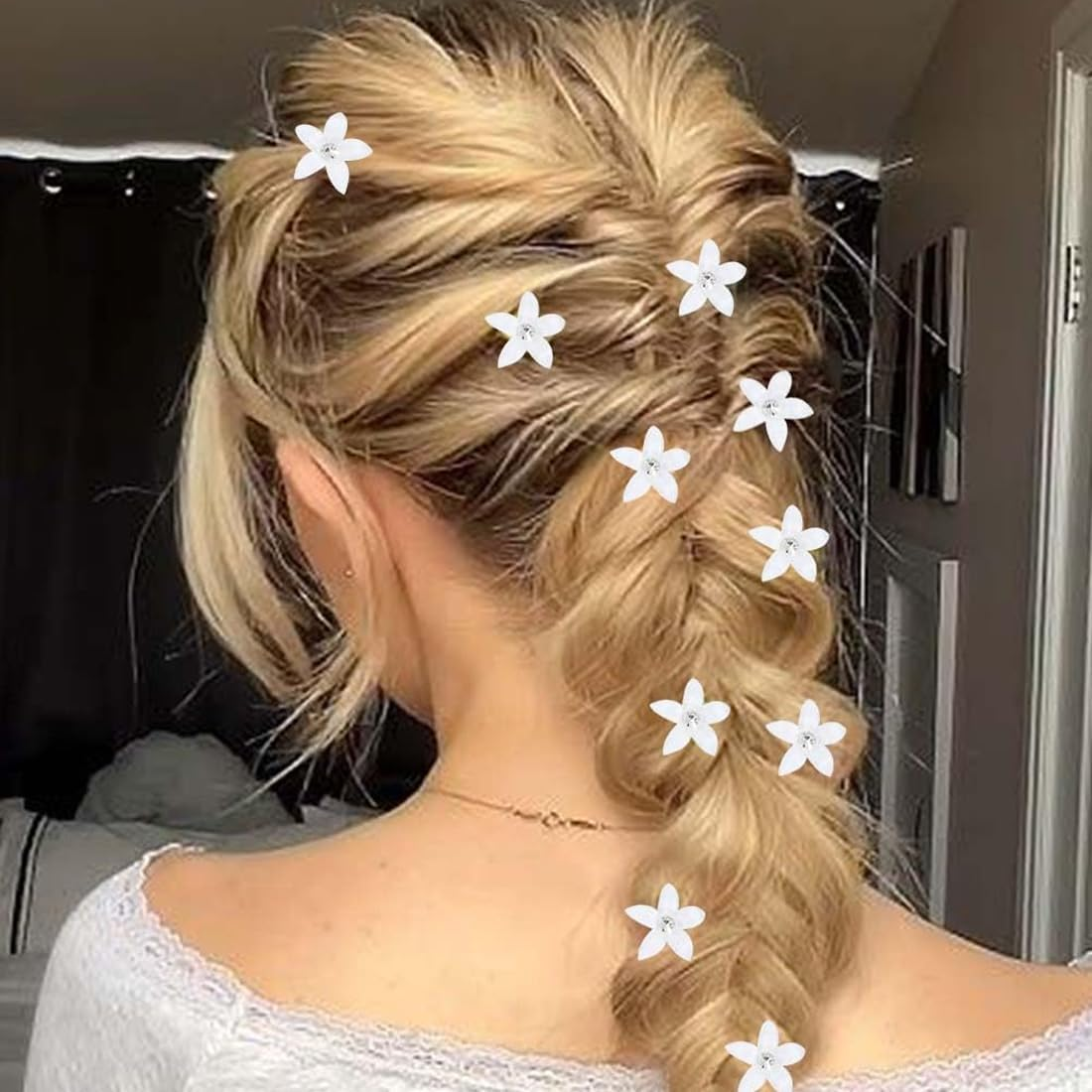 JRYXDS Pack of 10 White Mini Flower Hair Clips with Rhinestones, Metal Hair Pins for Women, for Girls, Wedding, Hair Accessories, Decorative image number 3