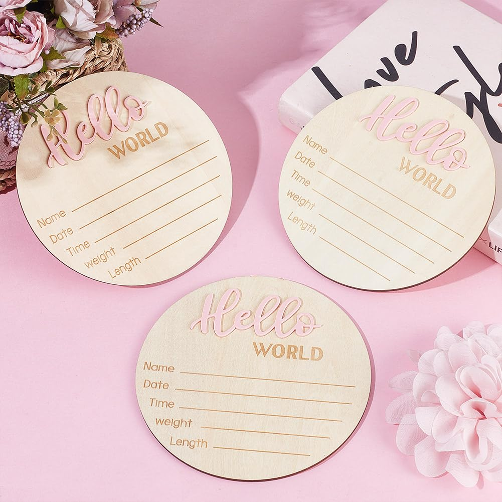 HOBBIESAY 3Pcs Pink Announcement Sign Wooden Hello World Newborn Welcome Board Stat Plaque Souvenir and Gifts for New Parents Home Hospital Nursary Decoration image number 2