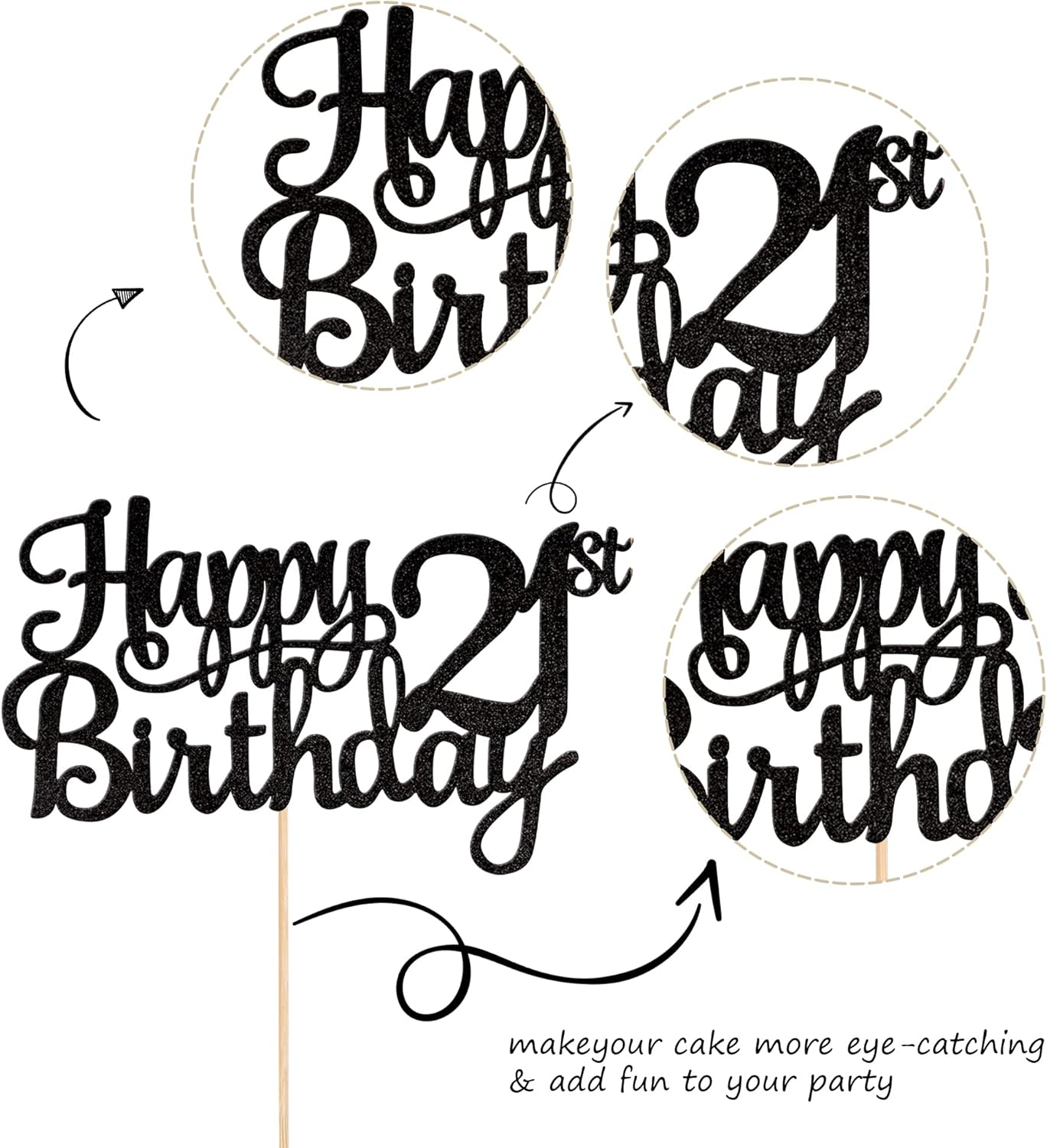 1 PACK Happy 21St Birthday Cake Topper Glitter Cheers to 21 Years Birthday Cake Pick 21 Fabulous Cake Decoration for Happy 21St Birthday Theme Party Decorations Supplies Black