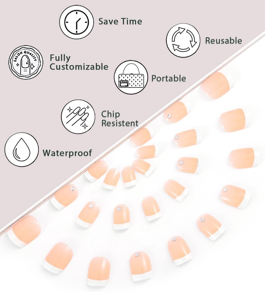 Sethexy Short Square Fake Nails French Ballerina Rhinestone False Nails Glossy Stick on Nails 24Pcs Acrylic Pink Press on Nail Tips image number 4