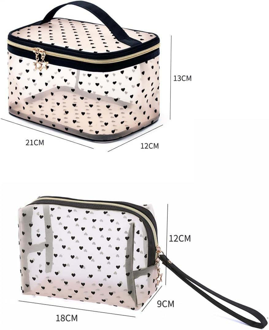 Set of 2 NUZAMAS Mesh Cosmetic Bag Heart Pink Portable Makeup Pouch Travel Toiletry Bag Mini Zipper Mesh Pouch Makeup Organizer for Home Office Travel Women Girls image number 1