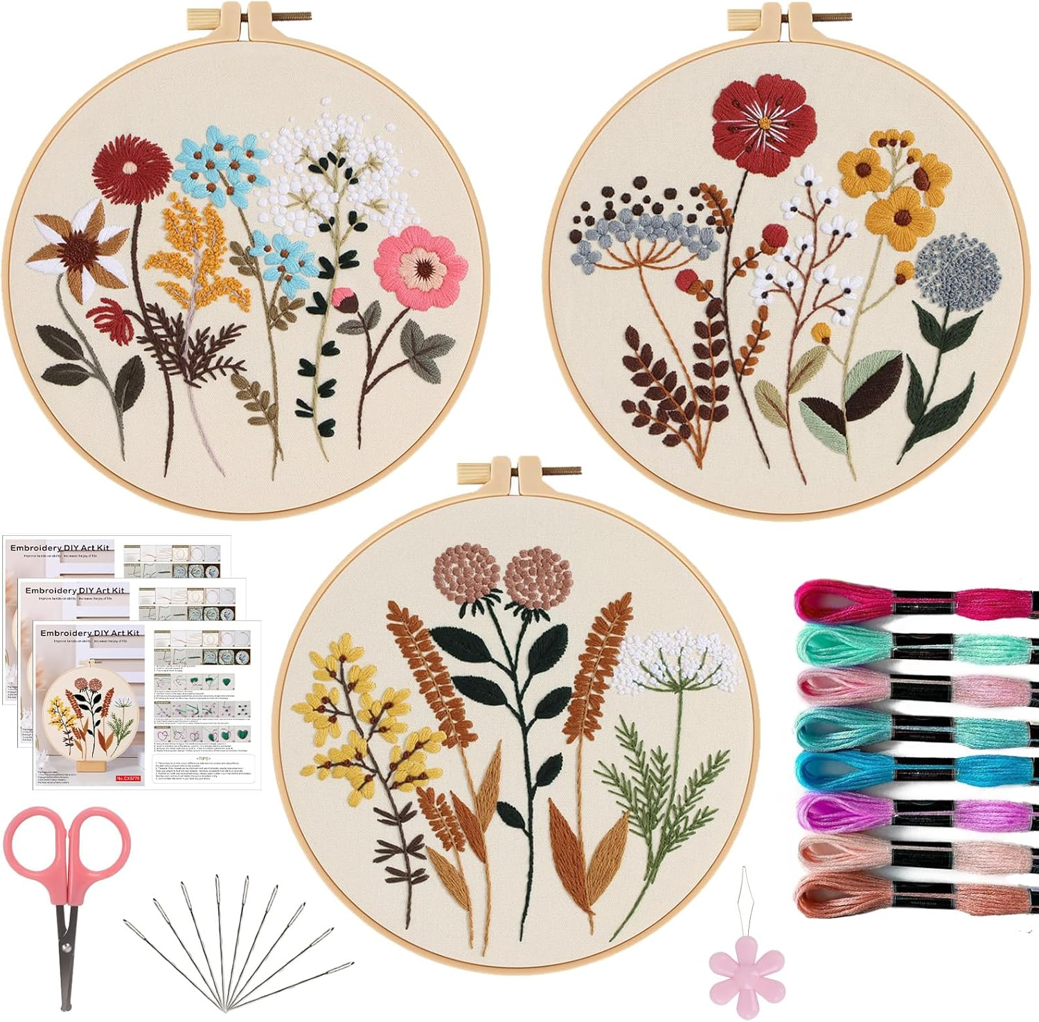 Offizon 3 PCS Embroidery Kit for Beginners - Floral Embroidery Accessories & Hoop Included, Hand Embroidery Kit for Adults Stitching Sewing Kit Gift | Flowera Patterns image number 1