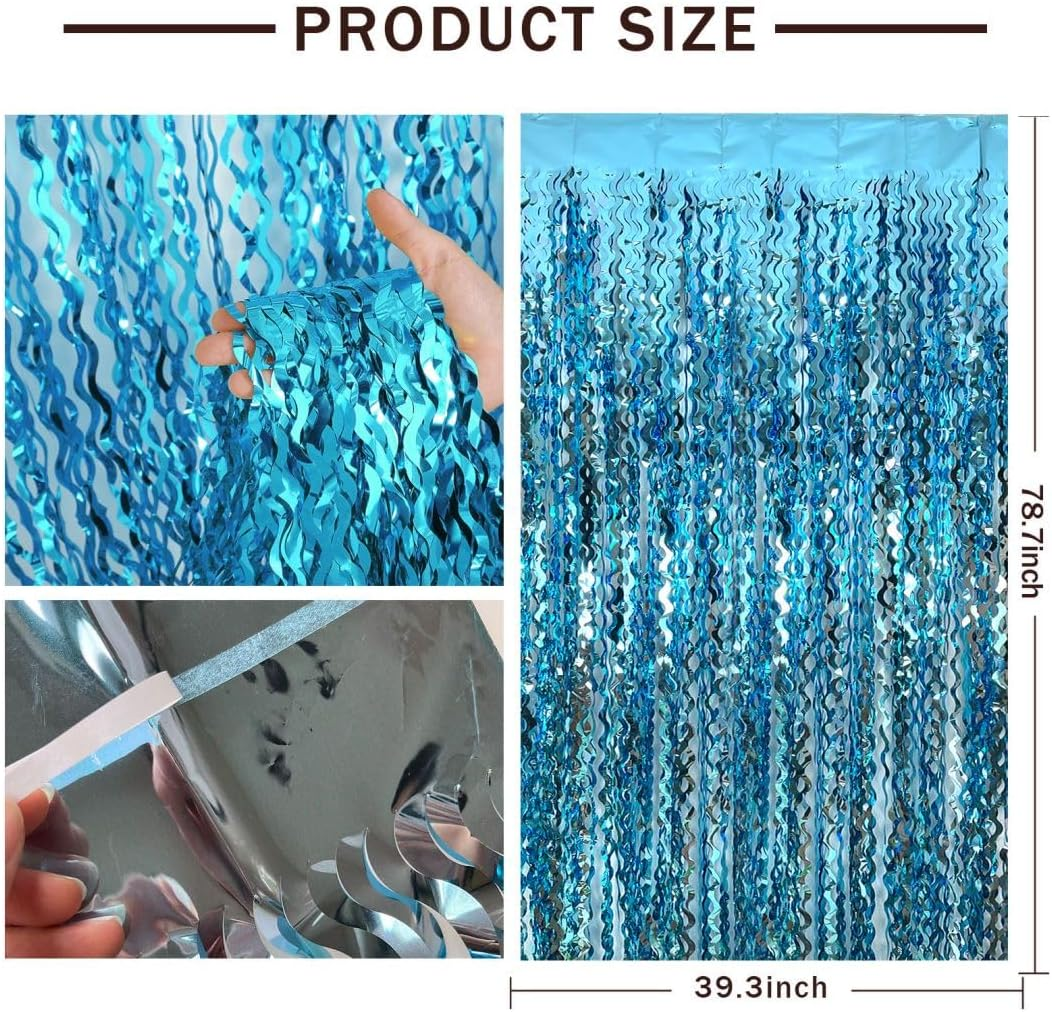 Backdrop for Party Decorations, Wave Foil Fringe Curtain Tinsel Photo Backdrop Blue Tinsel Curtain Party Backdrop Streamers for Birthday Wedding Bachelorette Christmas Celebration Party Decorations image number 2