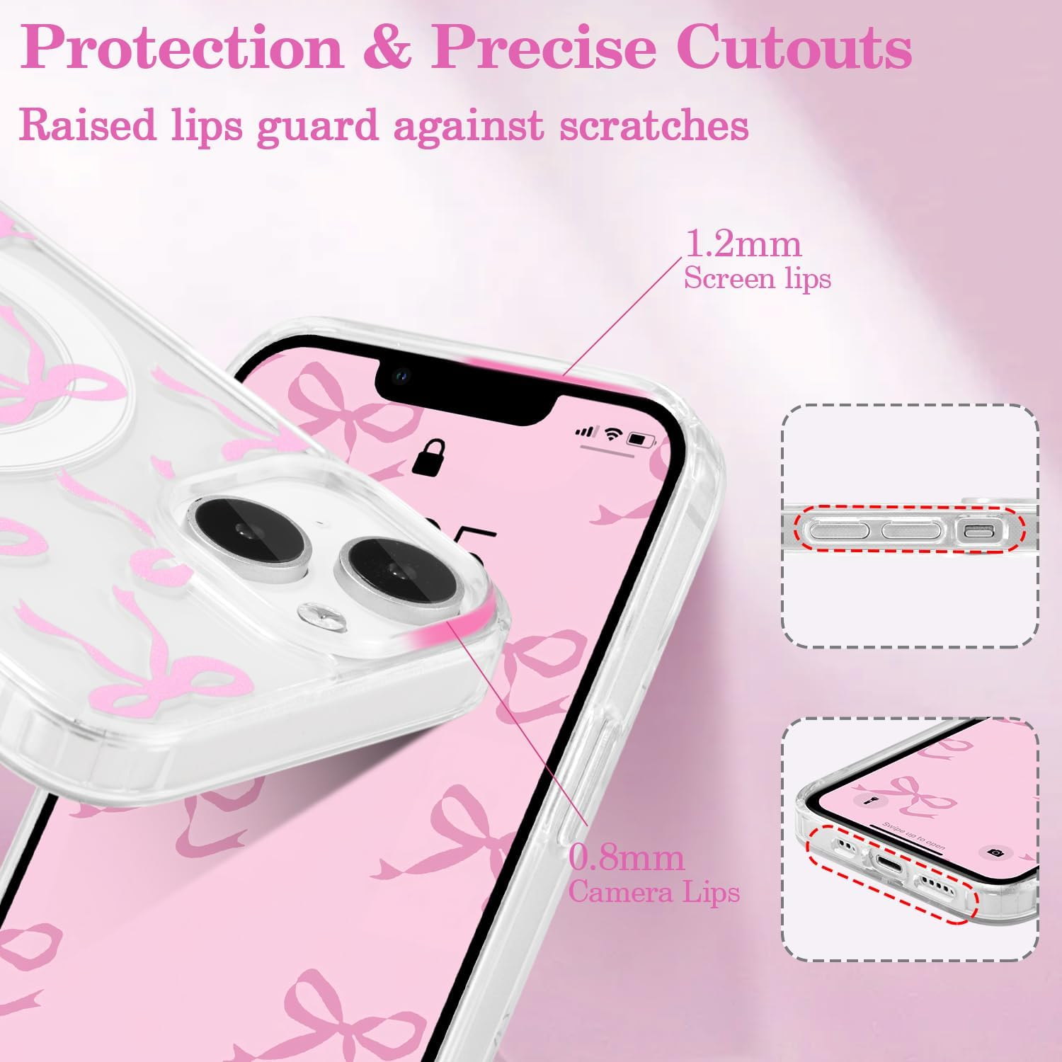 UEEBAI Magnetic for Iphone 14 Case & Iphone 13 Case, Bow Case Compatible with Magsafe, Wireless Slim Clear Ribbon Phone Case Anti-Yellowing Shockproof Protective Cover for Women Girl - Pink image number 6