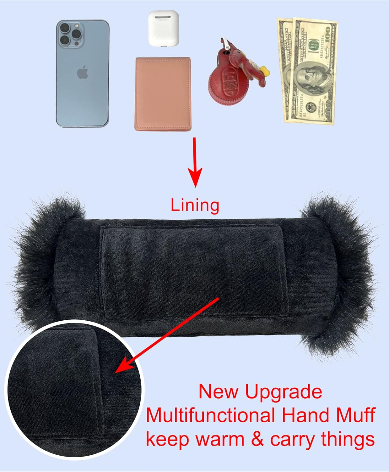 LA CARRIE Faux Fur Hand Muffs Women Winter Warmer Fuzzy Pouch Furry Plush Muffler Wedding Girl Kids Elegant Luxury Chic image number 5