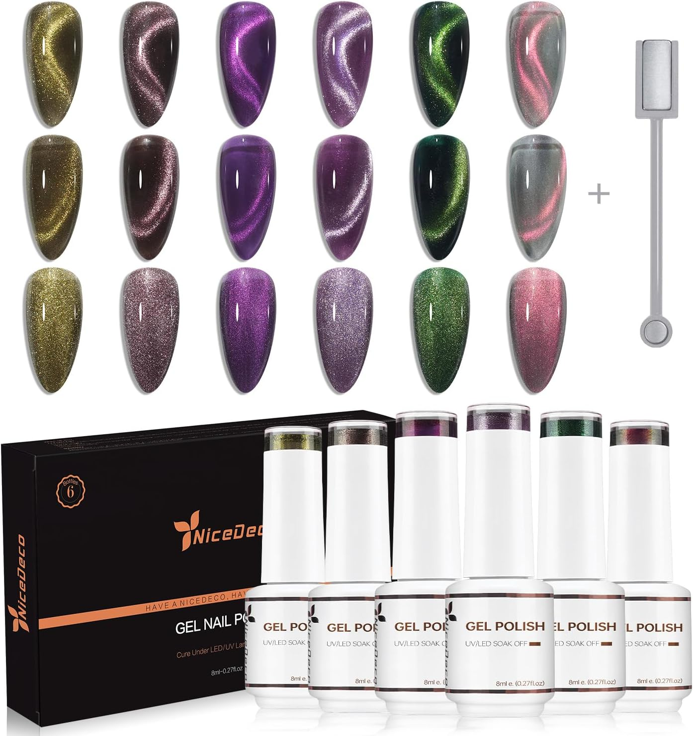 Nicedeco Hema Free Cruelty Free Vegan Cat Eye Gel Nail Polish, High Gloss Long Lasting Soak off LED U V Gel Polish 6 Colors Set 43
