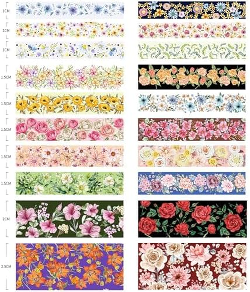 KAVI' S 20 Rolls Flowers Washi Tape Set Floral Arts Adhesive Tapes Gold Foil Decorative Masking Tape Sets for Craft, Kids, Scrapbook, DIY, Gift Wrapping image number 5