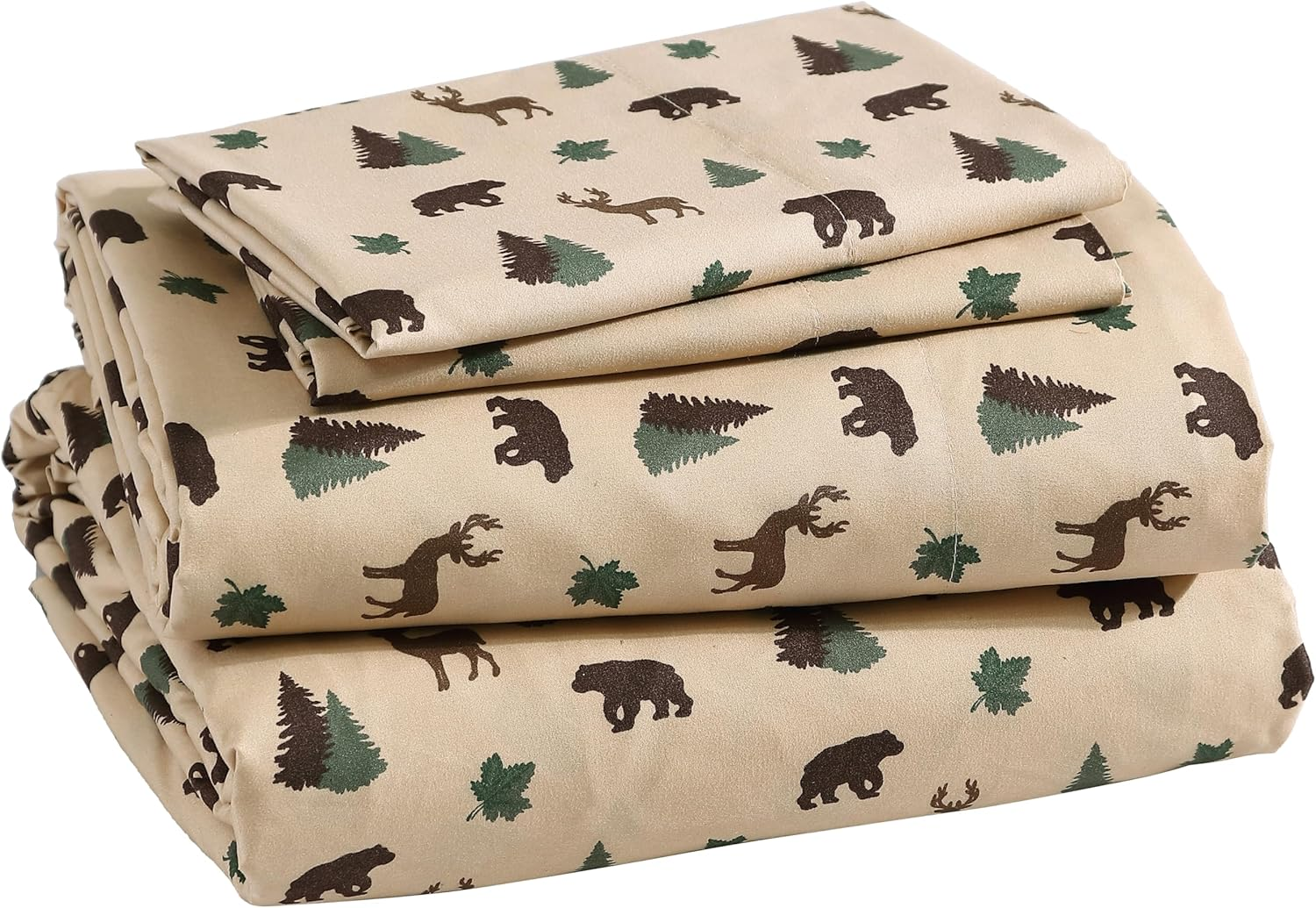 Aubrie Home Accents How Plumb Cozy Cabin 4-Piece Queen Microfiber Bedding Sheet Set with Deep Pockets Rustic Patchwork Plaid Deer, Brown Tan Green