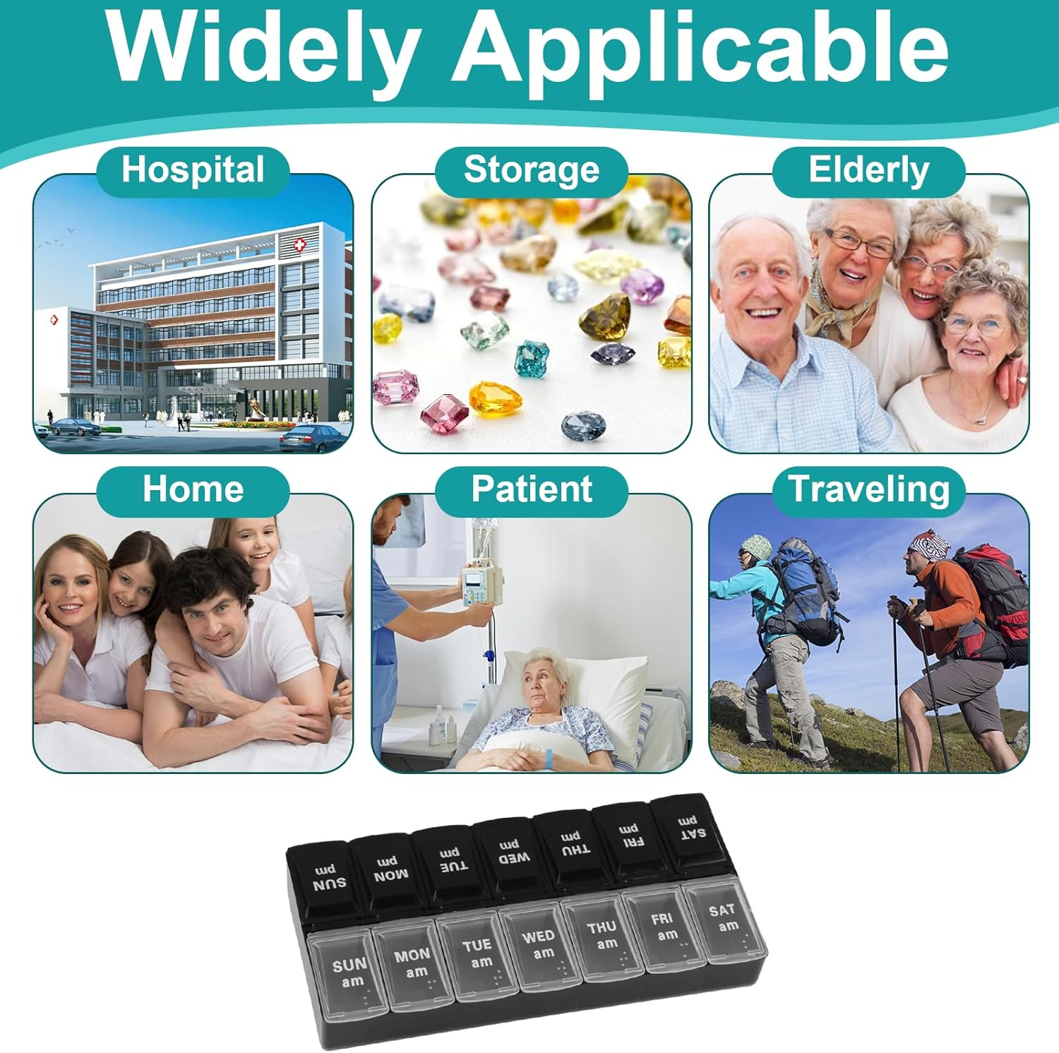 Bushhaven Pill Organiser Box - Weekly 7-Day AM/PM Pill Case with 14 Removable Compartments for Vitamins, Fish Oil, Supplements & Medication | Portable Travel Pill Organiser Box (Black) image number 2