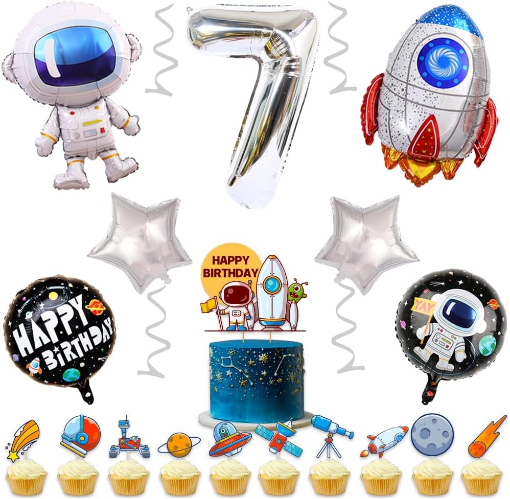 Weenkeey 7Th Birthday Space Balloons Giant Astronaut Rocket Foil Balloons Silver Number 7 Helium Balloon 7Th Birthday Balloons Spaceman Mylar Balloon for Boy Birthday Party image number 6