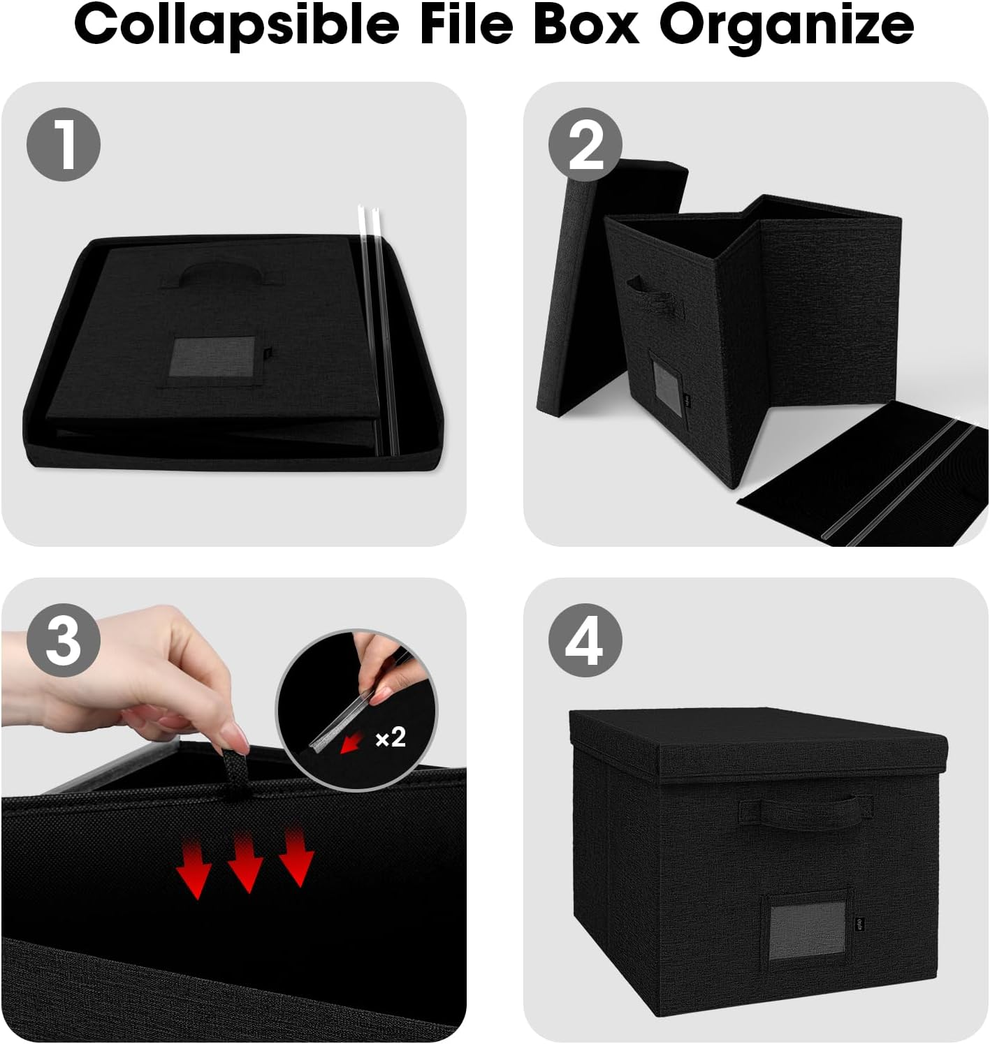 File Organizer Box with Lid, Onylin Document Storage Organizer with Handle, Collapsible Hanging Document Filling Box for Letter/Legal File Folder - 15 X 12.6 X 11 Inch (1 Pack, Black)