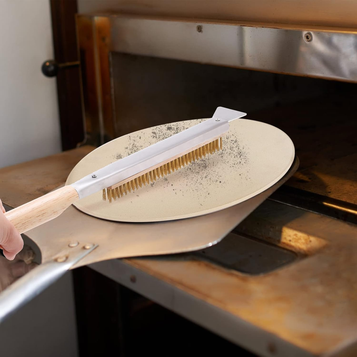 21'' Pizza Brush with Stainless Steel Stone Scraper - Brass Bristles - Wood Handle - Hanging Ring - Outdoor Pizza Oven Accessory - Compatible with Ooni, Gozney, Blackstone, Solo Stove Ovens (Standard) image number 3