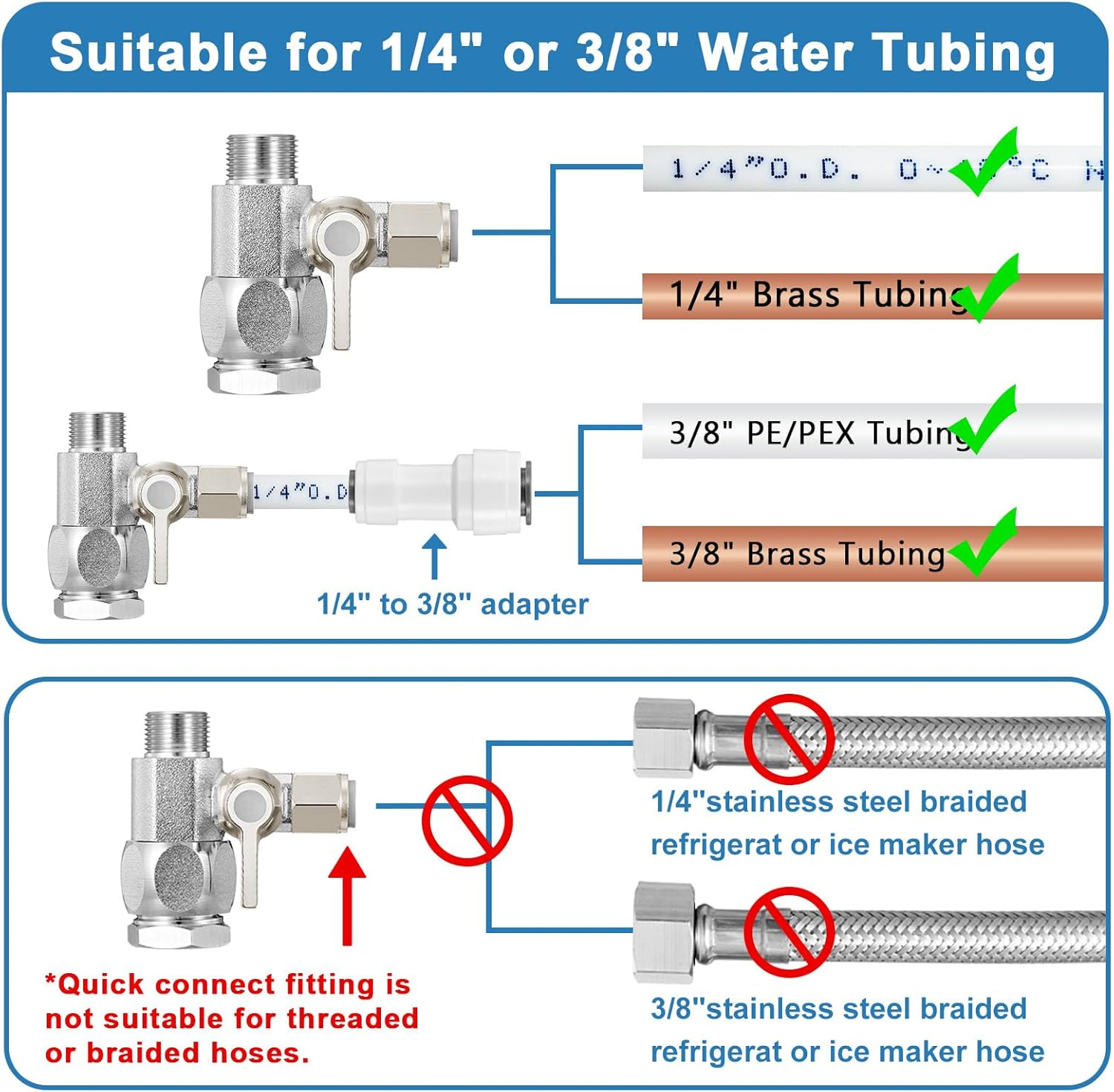 HAOCHEN Feed Water Adapter - Water Line Splitter 3/8"X3/8"X1/4" or G 1/2"Xg 1/2"X1/4", Brass Water Supply Valve with 1/4" Push in Quick Connect Fitting for RO Filter，Refrigerator,Ice Maker image number 3