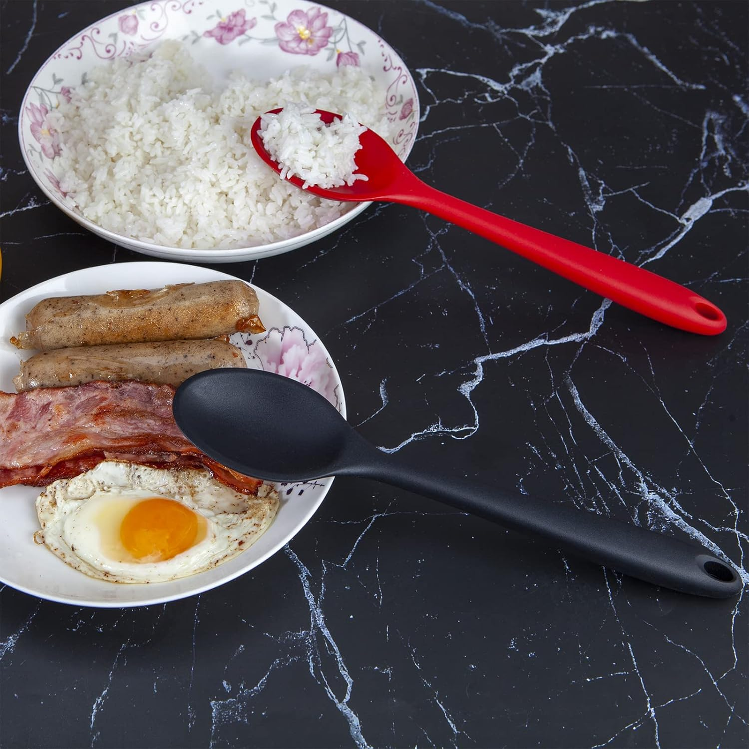 Large Silicone Cooking Spoons 27Cm Pack of 3, Non-Stick Spoon Set for Mixing, Cooking & Serving, Heat Resistant Silicone Spoon Set, Dishwasher-Safe & BPA Free (Black) - 3 Pcs In Red image number 3