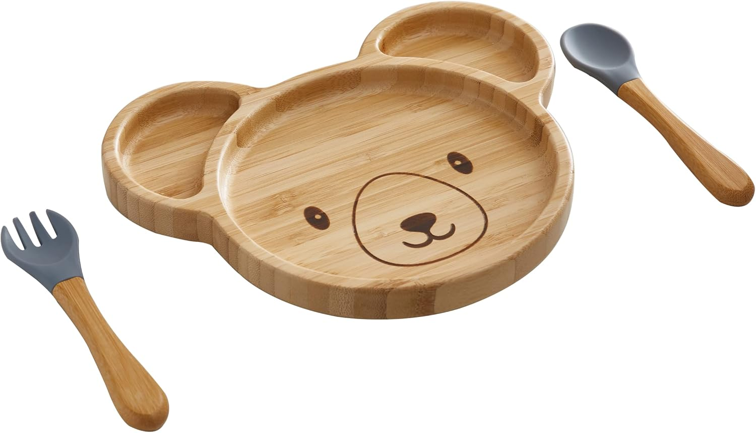 Bamboo Baby Silicone Suction Plate & Spoon Set for Toddler Kids Self Feeding - Wood Handled Spoon with Silicone Tips - Non-Slip Stay Put Divided Weaning Set for High Chair (Fancy Grey) image number 2