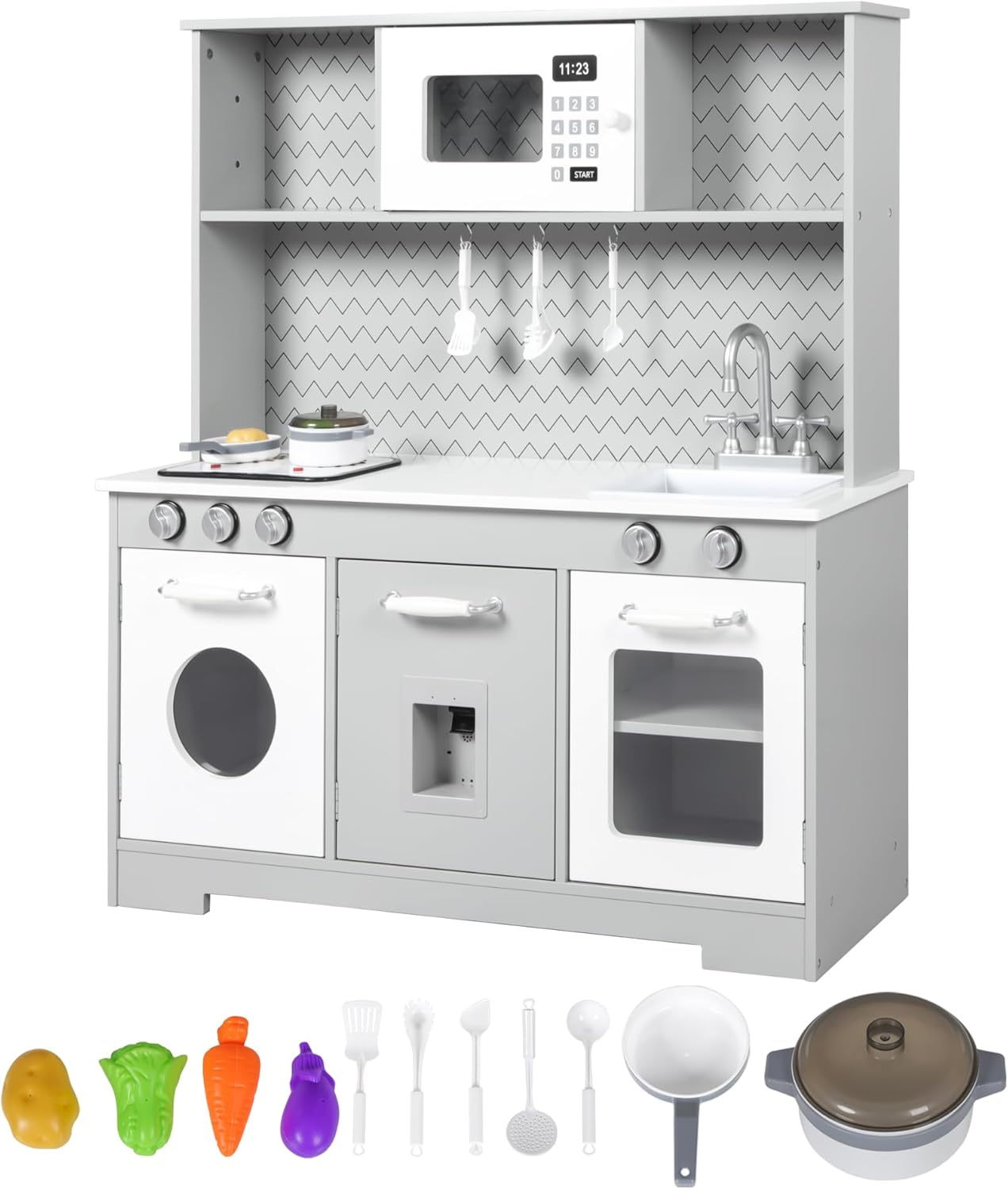Bopeep Kids Kitchen Playset, Wooden Pretend Play Kitchen, Sink, Faucet, Stove, Microwave, Oven, Utensils, Sweet Accessories, Boys Girls, Grey