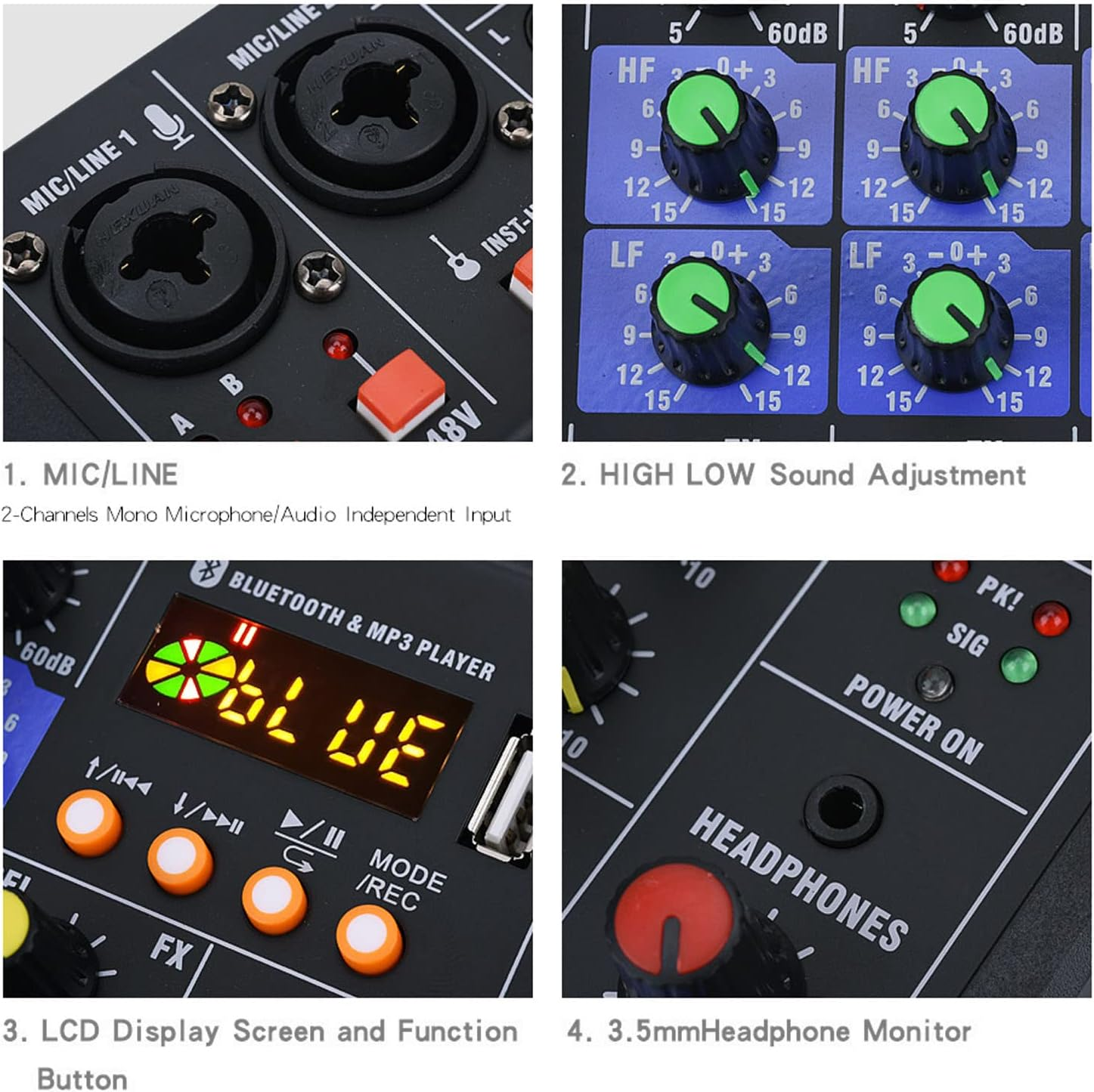 Professional Mixer, 4 Channel Stereo Mixer with 2 Wireless Microphones, Portable DJ Mixer Sound Board Console System for Live Streaming image number 6