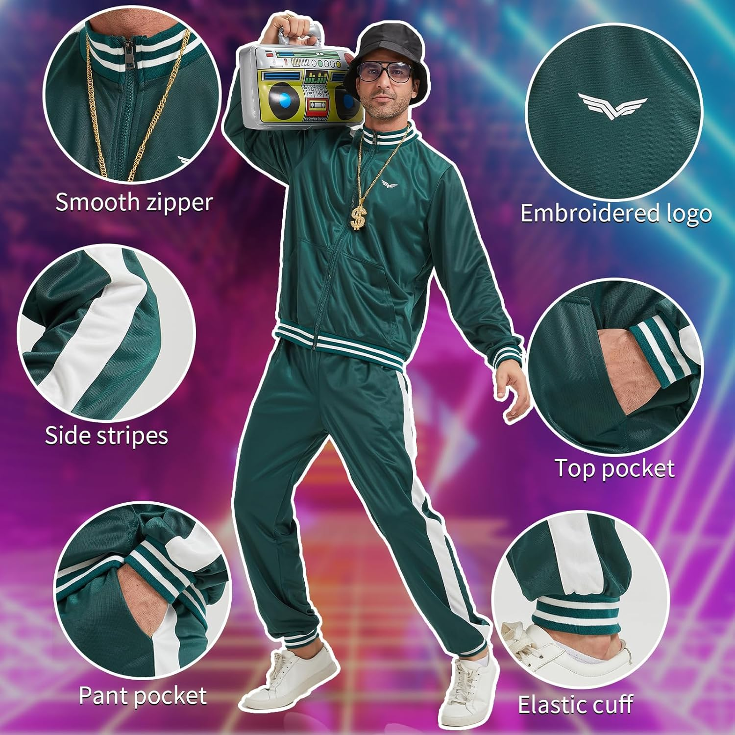 Slowton Mens 80S 90S Costume - Retro Tracksuit Set Lightweight Green Long Sleeve Jacket Pant Set, Disco Outfit Sportswear Hip Hop Tracksuit Urbanwear Streetwear for Rock Festivals Carnival Party image number 2