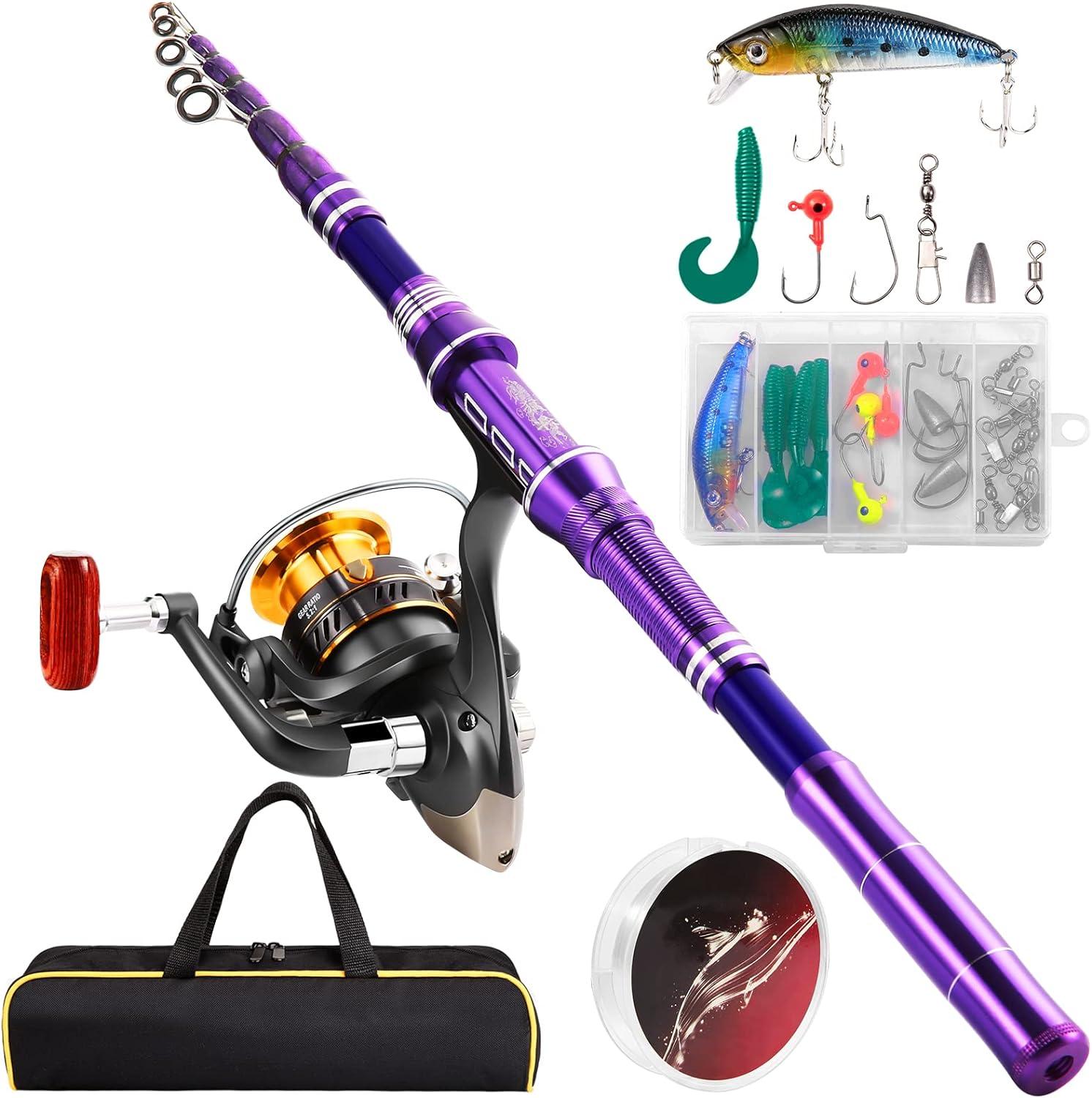 Telescopic Fishing Rod Kit, Carbon Fiber Fishing Pole and Reel Combos with Spinning Reel, Fishing Gears and Travel Bag for Saltwater Freshwater