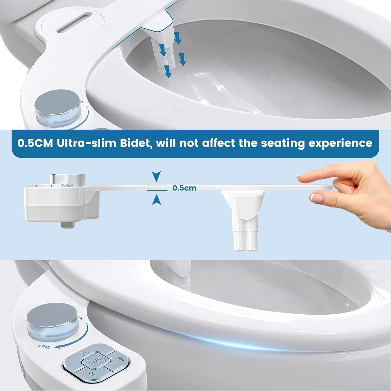 Bidet Attachment for Toilet - Non-Electric Ultra-Slim Push-Button Bidet with Self-Cleaning Dual Nozzle (Frontal & Rear Wash) - Bidet Toilet Seat Attachment (Chrome 1) - White image number 5