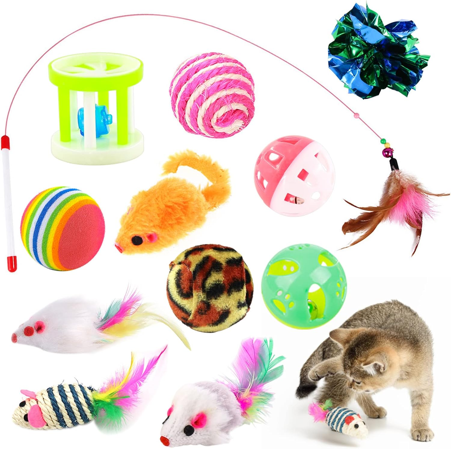 12 PCS Cat Toys Assortments for Indoor Cats, Variety Interactive Kitten Toys for Bored Indoor Cats Chase and Exercise, Cat Feather Teaser Fluffy Mouse Crinkle Balls Cat Bell Balls Fuzzy Ball (12Pcs) image number 2