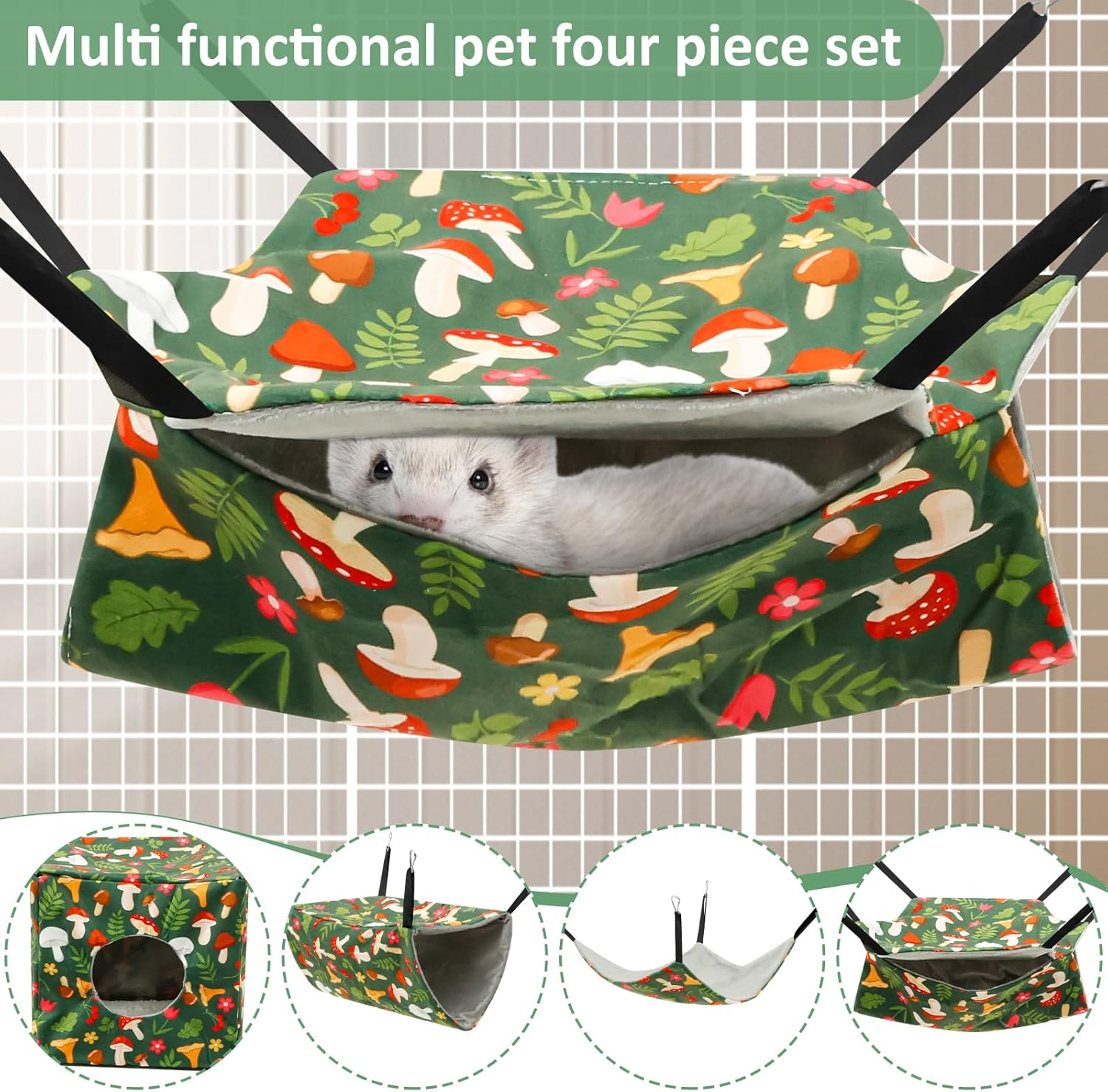 Pack of 4 Hamster Hammocks House, Hanging Swing Small Animals Bed Linen, Washable Rat Cage Accessories, Soft Plush Guinea Pig Bed Toy for Ferrets Rats Guinea Pigs Parrot (Green) image number 2