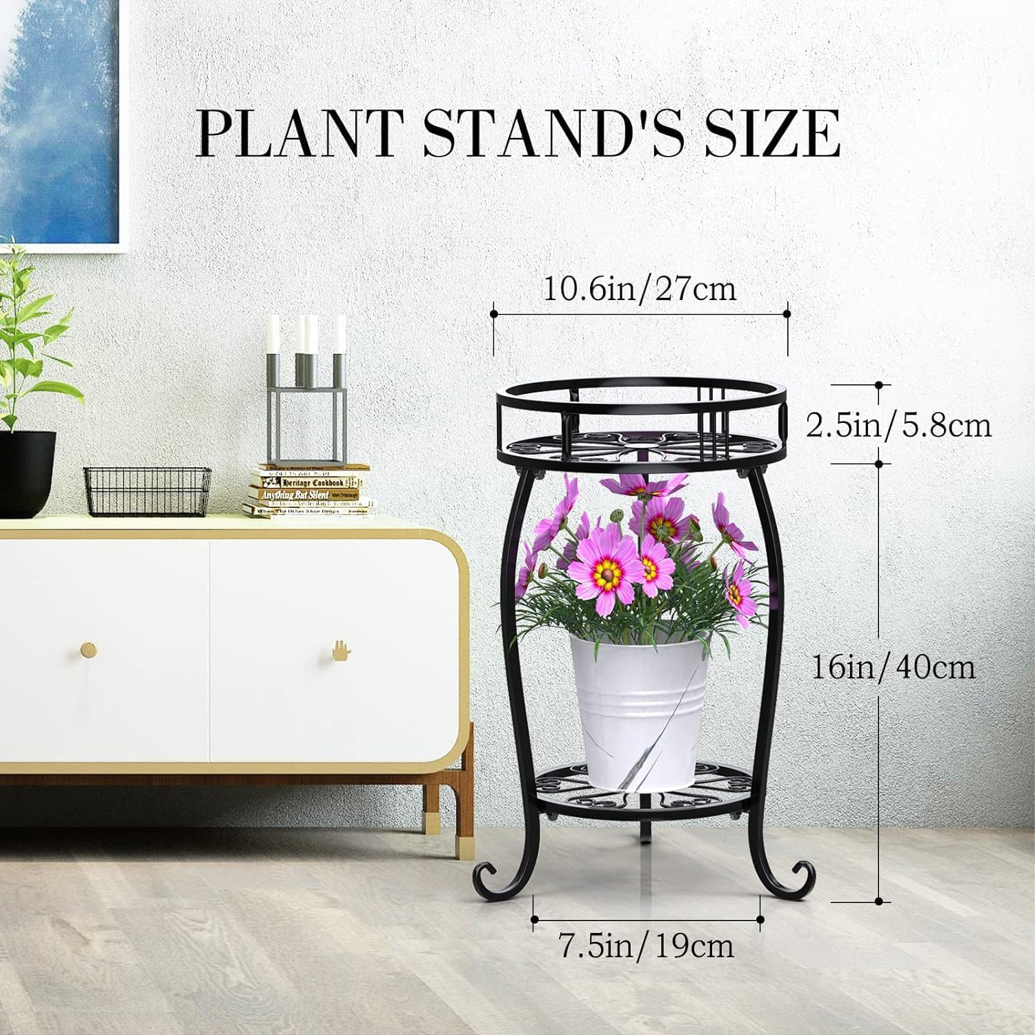 Stlove Metal Plant Stand,2 Tier 19.3 Inch Flower Stand Indoor Decor Flower Pot Shelf Black Iron Pot Stand Planter Holder for Flowerpot Home Garden Corner Porch(Pot & Plant Not Included) image number 3