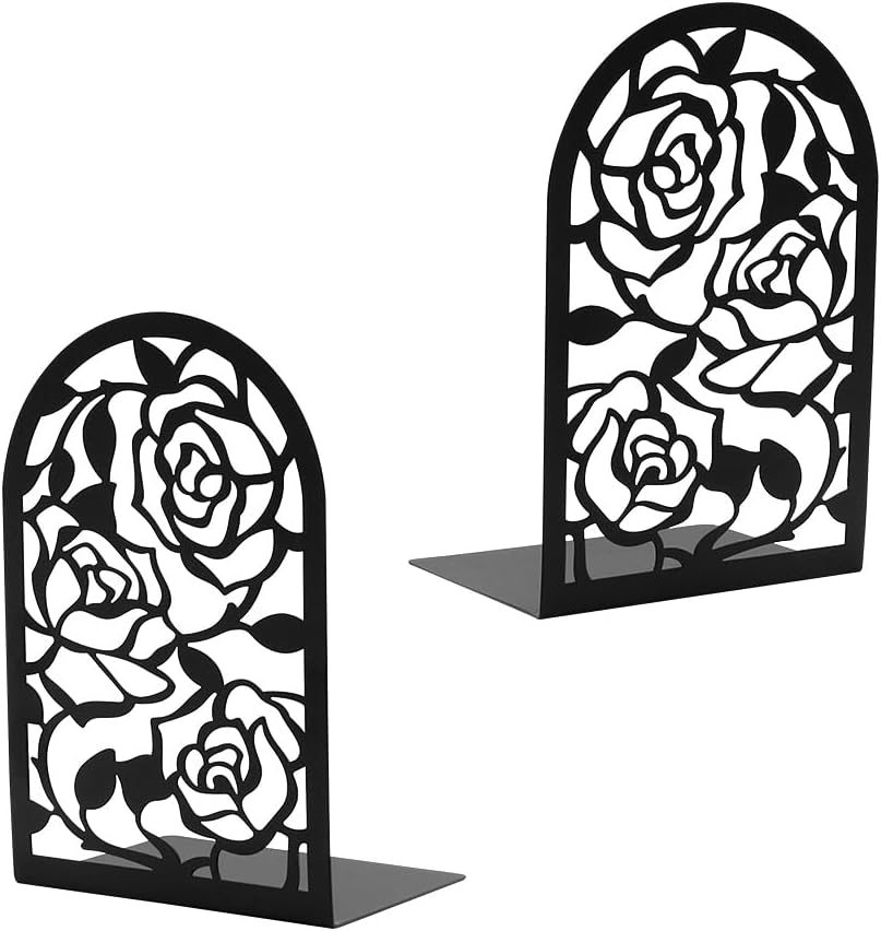 Elegant Rose Bookends Hollow-Out Rose Flower Book Ends Shelves Organizer Metal Book Stands Journal Book Holder Reading Room Decorative Bookends Library Book Stoppers for Office Home School (Black) - Black image number 4