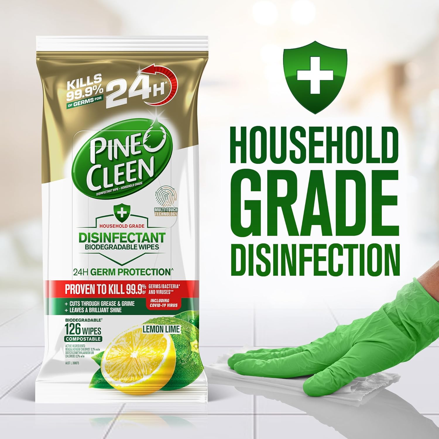 Pine O Cleen 24H Germ Protection Disinfectant Biodegradable Wipes Lemon Lime 252 Pack